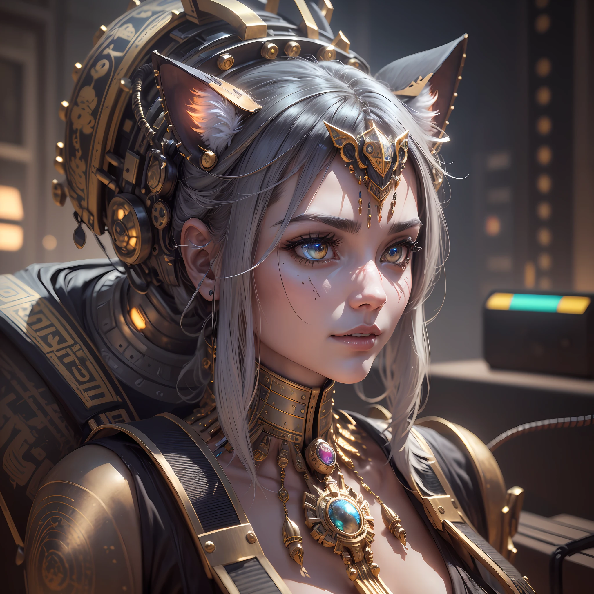 1Mechanical cat, (((ultra realistic details)), portrait, global lighting, shadows, octane render, 8k, ultra sharp, metal, intricate, detailed ornaments, cool colors, Egyptian detail, highly intricate details, realistic light, trend in cgsociety, bright eyes, front camera, neon details, mechanical limbs, blood vessels connected to tubes, mechanical vertebra attaching to the back, mechanical cervial attaching to the neck, sitting, wires and cables connecting to the head --auto --s2