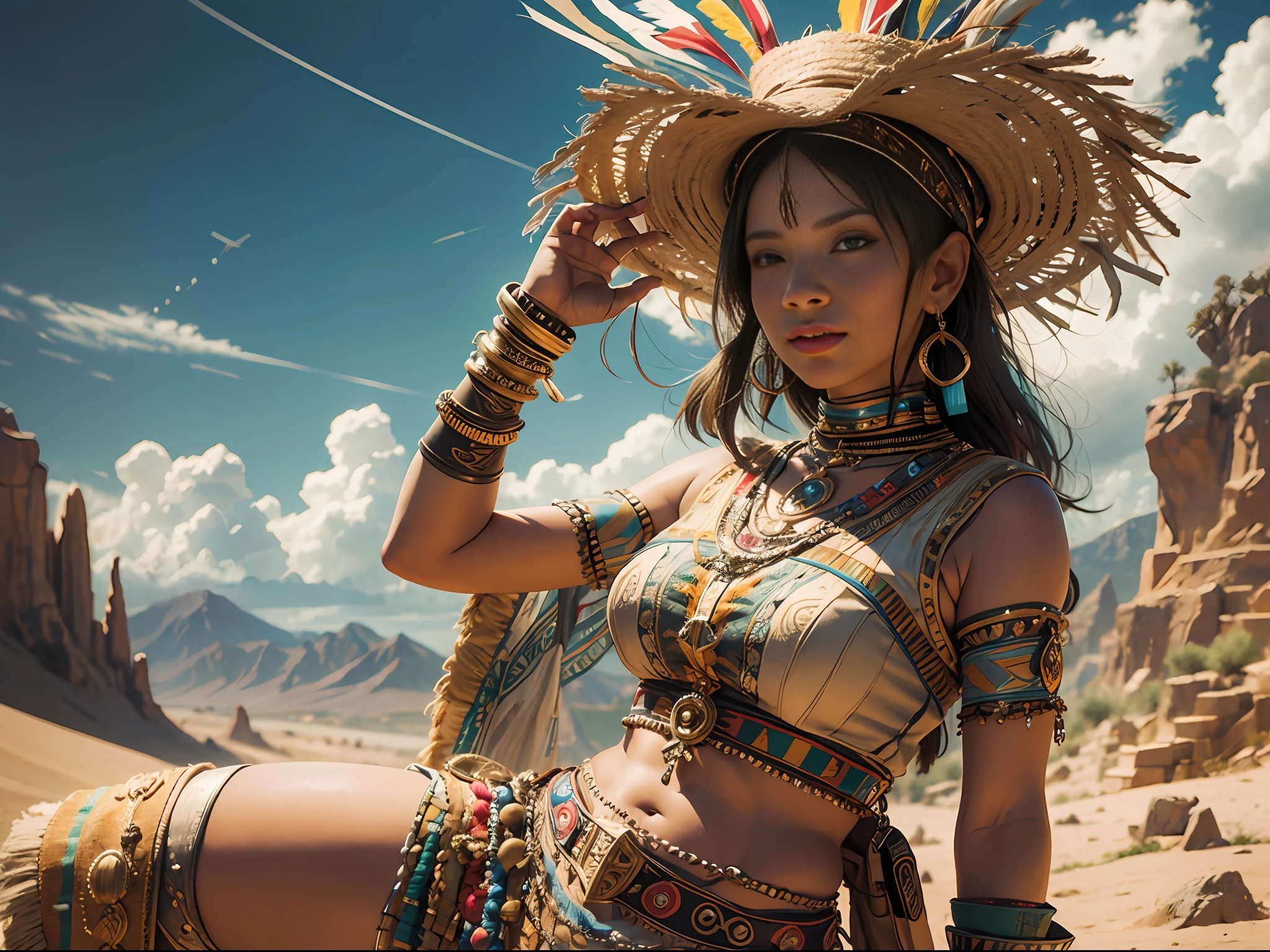 Inca in the desert, realistic, intricate high details, colorful clothing, perfect body, 16k, full cuepo --auto --s2