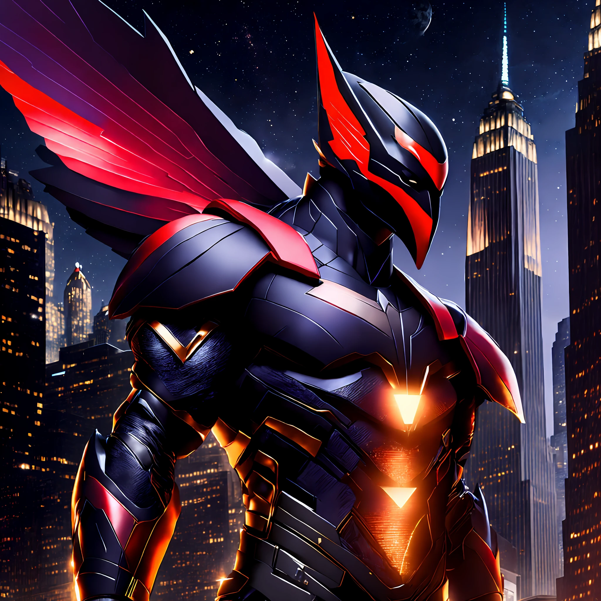 darkhawk by Marvel, Warrior carbon fiber, carbon big wings on the arms, a red visor crucifix on the helmet in the center of face, red triangle in the center of the armor, stands on a busy New York street corner, The moon is setting, casting a golden glow over the city.