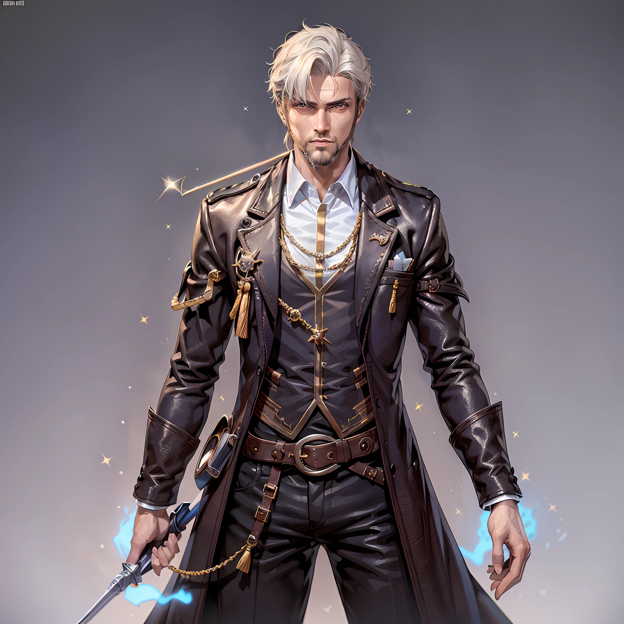 Tall man with short hair and short beard with magic outfit and super realistic and well detailed wand