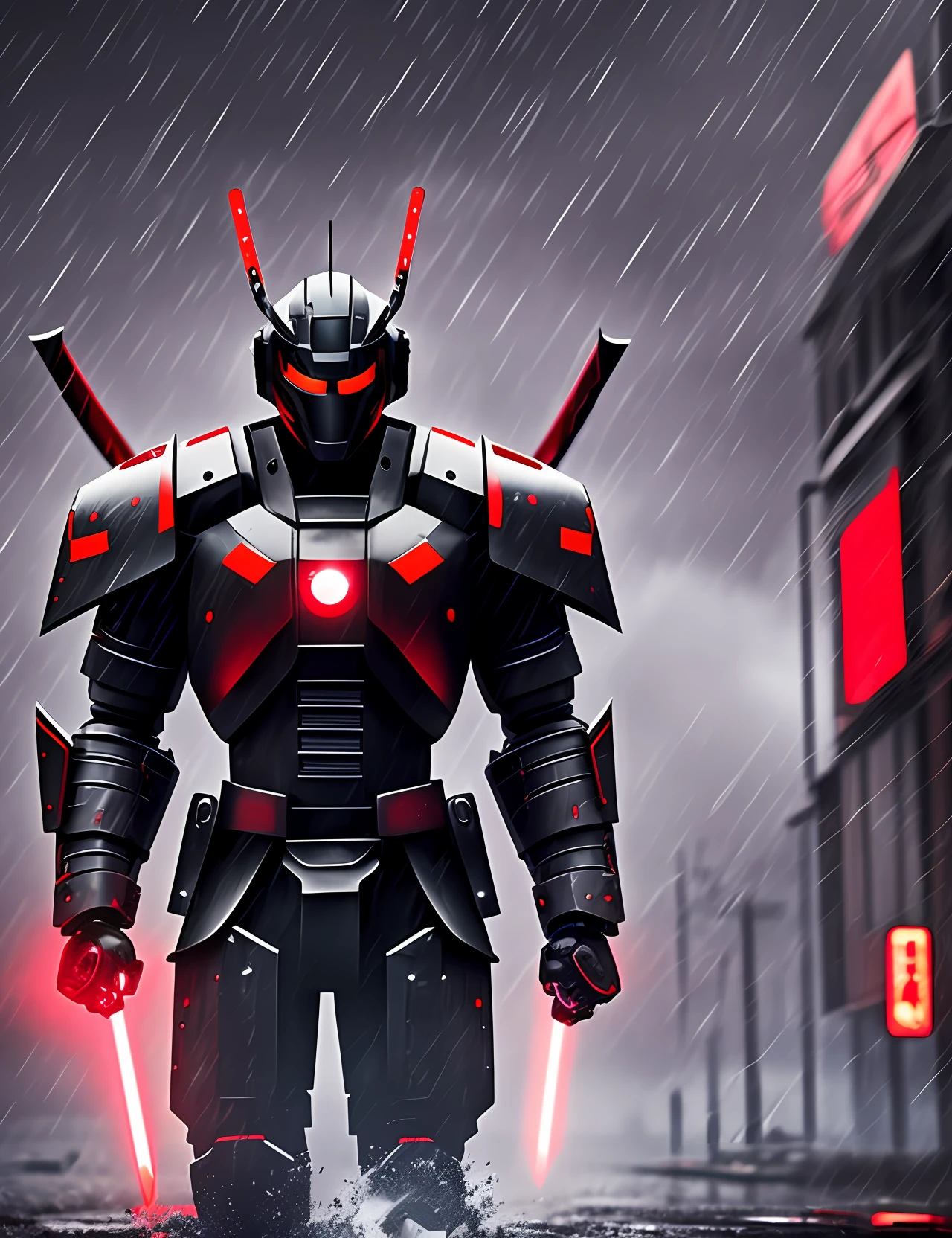 Samurai robot,walking in the storm,2:3,high tecnology,red and black,8k, photorealist --auto --s2