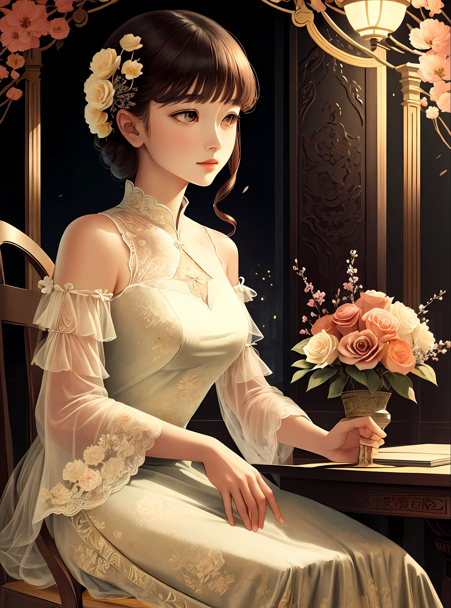 (Masterpiece, best quality), vintage poster, 1girl, holding flowers, floral pattern, traditional media, bangs, sitting, chair, looking at the audience, (beautiful and delicate face), (beautiful delicate eyes), night Shanghai style, charming, tall figure, lace dress