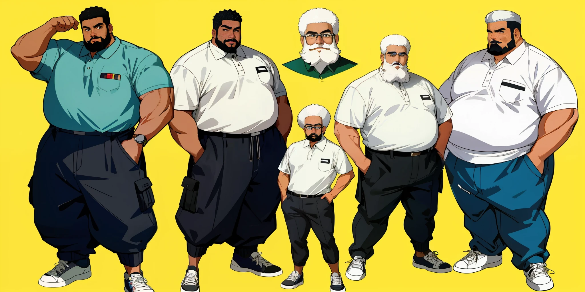 Best quality, 1 adult man, character sheet, concept art, (full body, masterpiece: 1.2), (best quality: 1.3), ordinary Afro-American black man, short white hair, white beard and moustach, 1 overweight man on his 60s, wearing a cargo shorts, fancy sneakers and polo shirt, winner attitude pose, with short white hair, assorted poses.