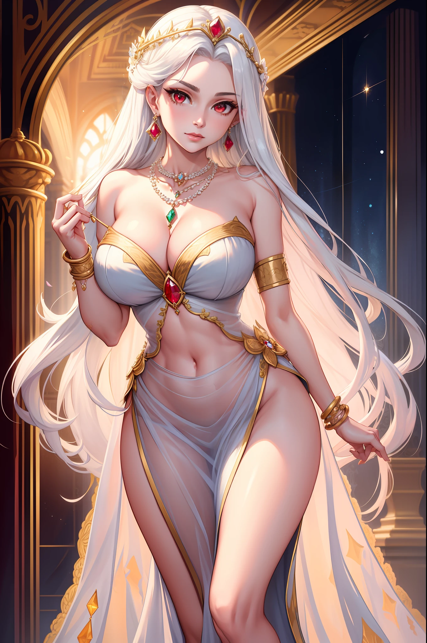 ultra realistic 8k cg, picture-perfect face, flawless, clean, masterpiece, professional artwork, famous artwork, cinematic lighting, cinematic bloom, perfect face, beautiful face, beautiful eyes, ((perfect female body, narrow waist)), white hair, red eyes, gorgeous queen, royal, divine, goddess, godlike, (royal palace), fantasy, dreamlike, unreal, science fiction, huge breasts, beautiful clothes, lace, lace trim, lace-trimmed legwear, nsfw, breasts out, absurdly long hair, very long hair, (rich:1.4), prestige, luxury, jewelry, diamond, gold, pearl, gem, sapphire, ruby, emerald, intricate detail, delicate pattern, sexy, charming, alluring, seductive, erotic, enchanting, hair ornament, necklace, earrings, bracelet, armlet,