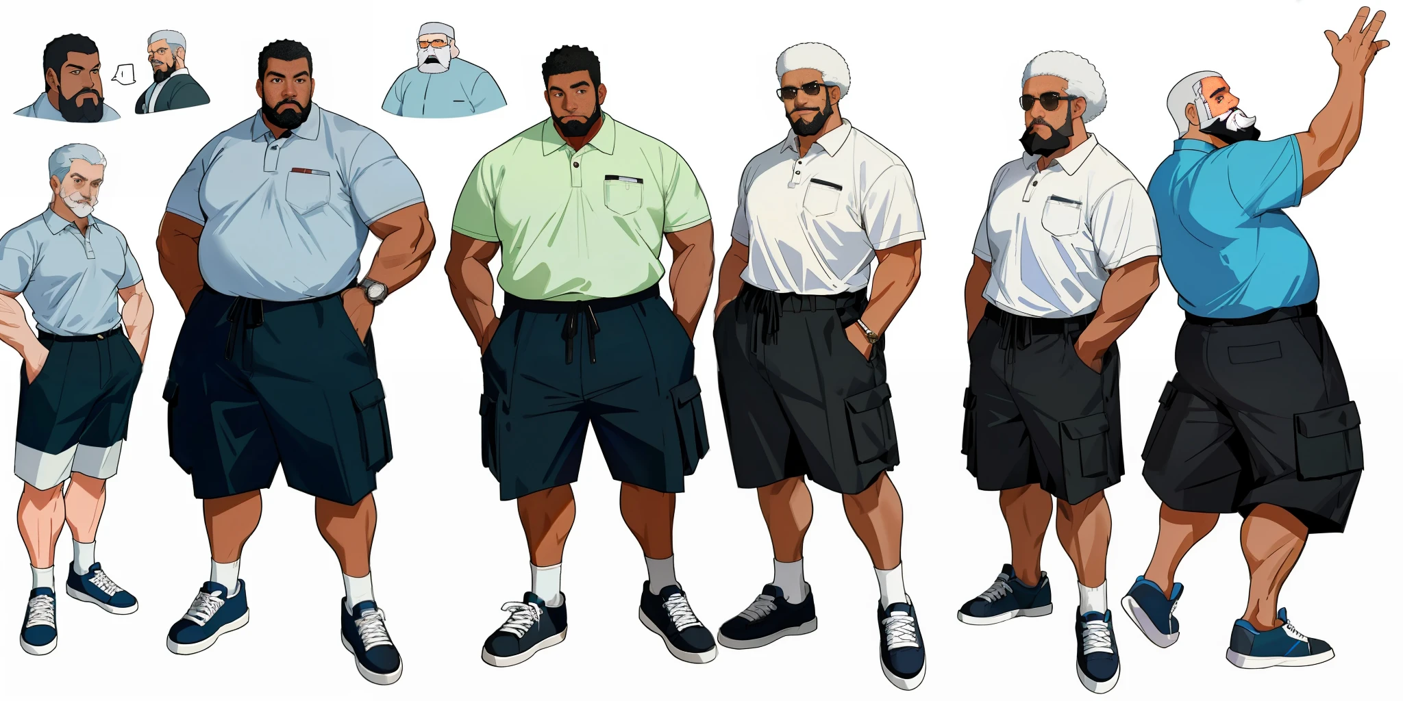 Best quality, 1 adult man, character sheet, concept art, (full body, masterpiece: 1.2), (best quality: 1.3), ordinary Afro-American black man, short white hair, white beard and moustach, 1 overweight man on his 60s, wearing a cargo shorts, fancy sneakers and polo shirt, winner attitude pose, with short white hair, assorted poses.