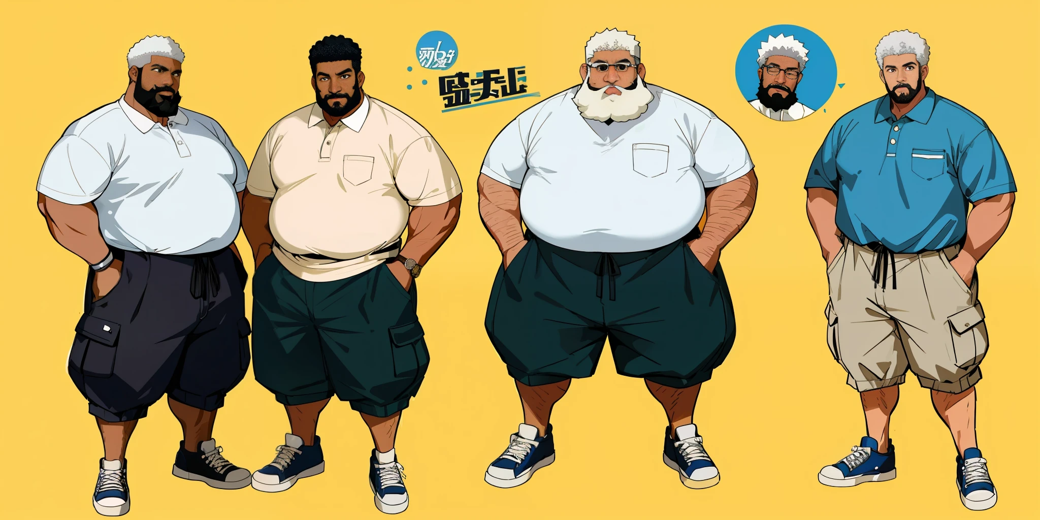 Best quality, 1 adult man, character sheet, concept art, (full body, masterpiece: 1.2), (best quality: 1.3), ordinary Afro-American black man, short white hair, white beard and moustach, 1 overweight man on his 60s, wearing a cargo shorts, fancy sneakers and polo shirt, winner attitude pose, with short white hair, assorted poses.