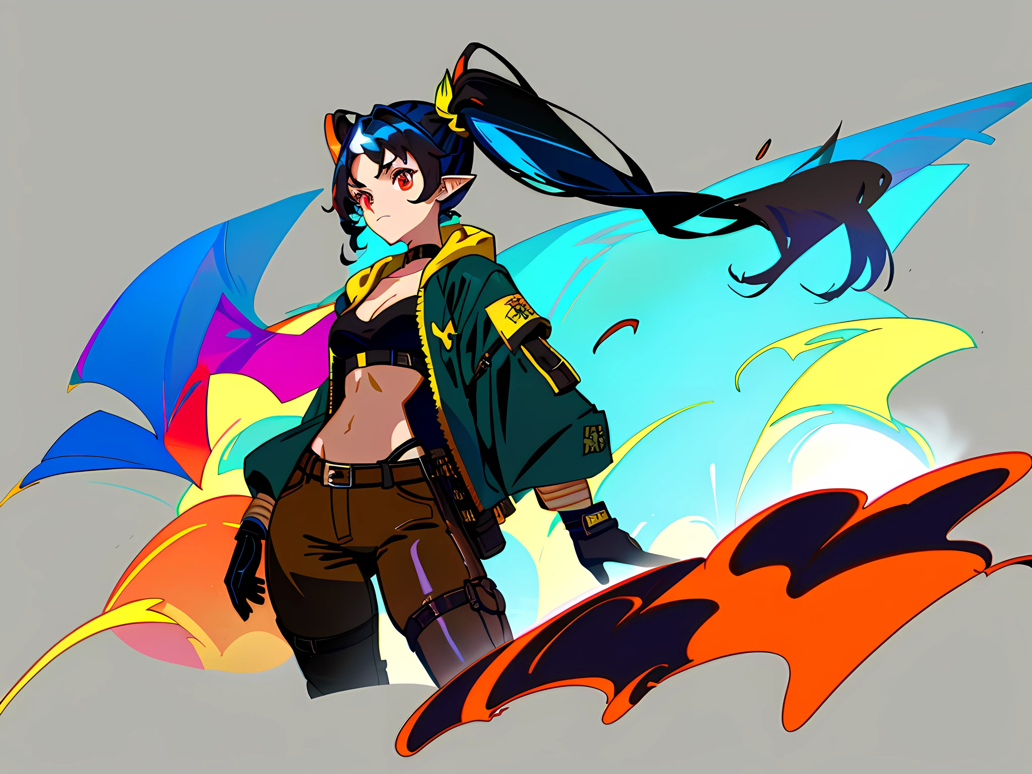 ((masterpiece)),(((best quality))),(character design sheet, same character, front, side, back), illustration, 1 girl, 1girl, solo, gloves, looking at viewer, thighs, medium breasts, black gloves, wide hips, choker, thick thighs, black choker, neutral expression, forest, outside, day, sun beams, crazy eyes, cleavage, big ears, ruins, brown pants, streaked hair, multicolored hair, colored inner hair, gradient hair, dark blue hair, black hair, crossed bangs, uneven twintails, goggles on head, animal hood, multicolored eyes, pointy ears, , Charturnbetalora, (simple background, white background: 1.3)Descendants of Fate,16k, 8k, 4K, highres, best quality, high quality, high details, super detail, knight class: archer