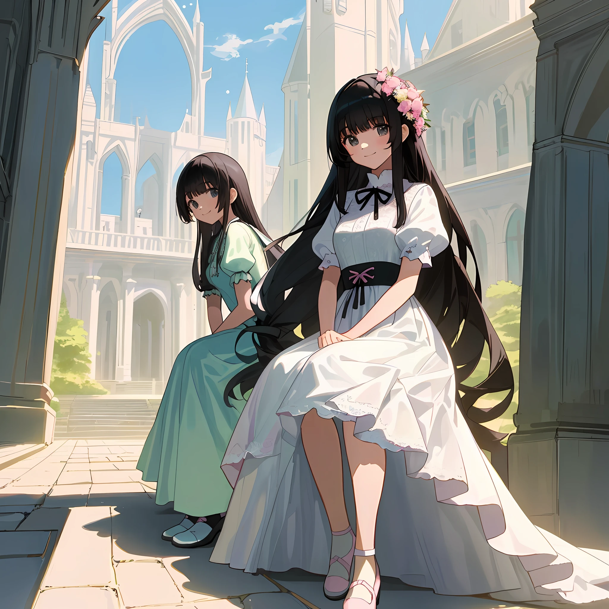 ((masterpiece,best quality)),2girls,two girls, sitting, dress, short sleeves, looking at viewer,very long white and black hair, smile,full body, white dress, narrow waist, slim legs,ribbons, pink, white, lace, anime girl sitting in a castle courtyard, two beautiful anime girls
