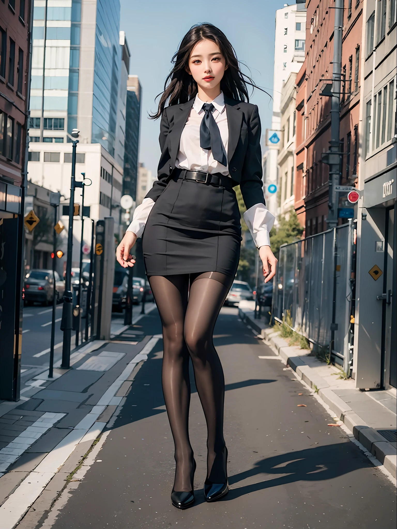 8k, Best Quality, (Beauty), High Definition, Realistic, Real Person, Full Body Portrait, Delicate Face, Cute Face, 25 Year Old Woman, Slim Figure, Small Bust, Office Uniform, Office Clothes, Black Stockings, Outdoor Scene, Sedentary