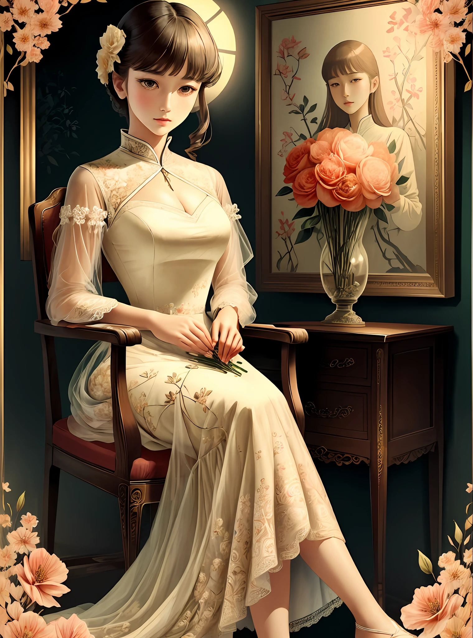 (Masterpiece, best quality), vintage poster, 1girl, holding flowers, floral pattern, traditional media, bangs, sitting, chair, looking at the audience, (beautiful and delicate face), (beautiful delicate eyes), night Shanghai style, charming, tall figure, lace dress