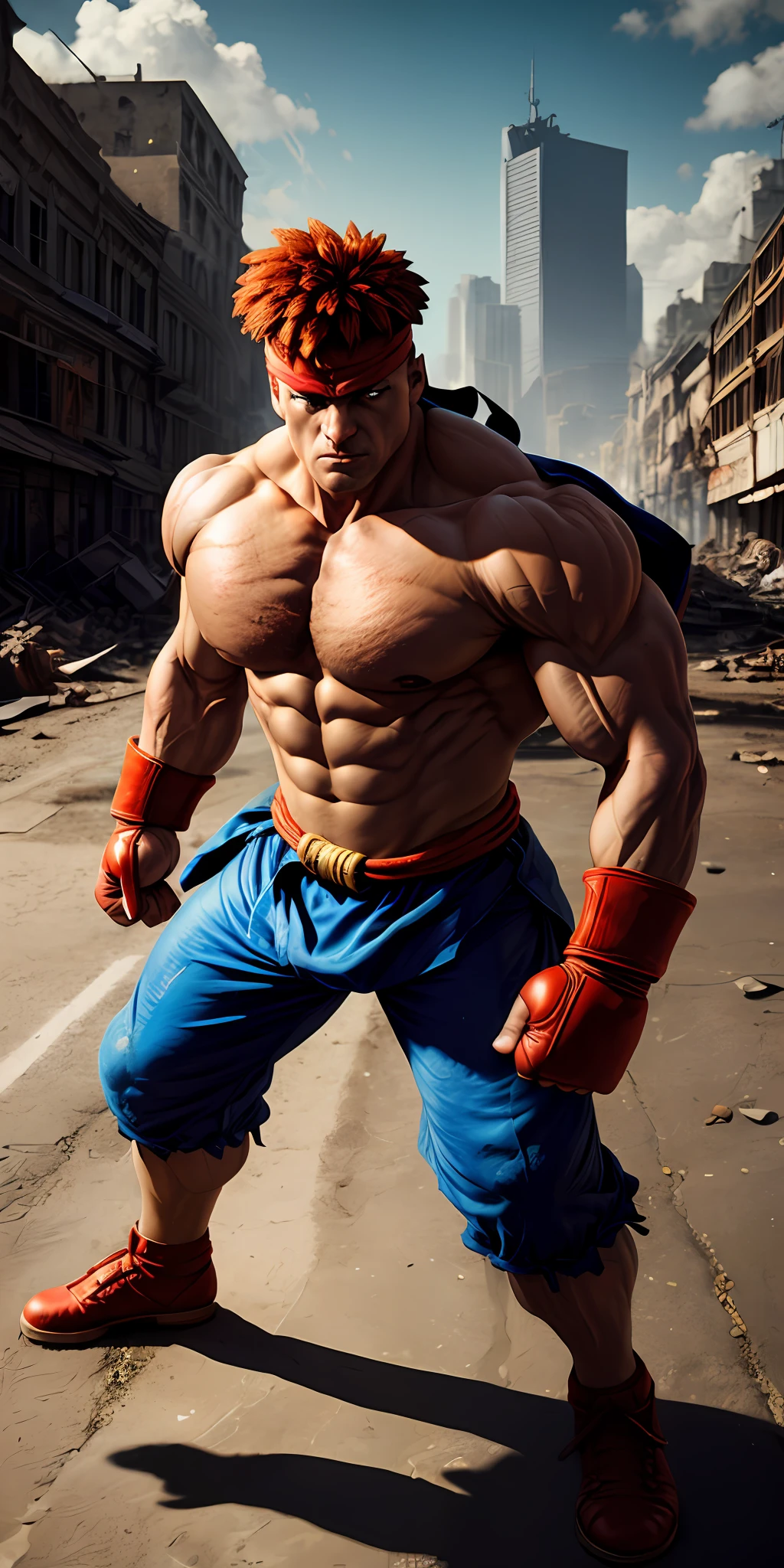 street fighter character concept (( super strong )), masterpiece, best quality, ultra-detailed, ground, destroyed city background, shadows, contrast, clear sky, analog style (look at viewer:1.2) (skin texture) (film grain:1.3), ultra-high resolution, octane render, 16k