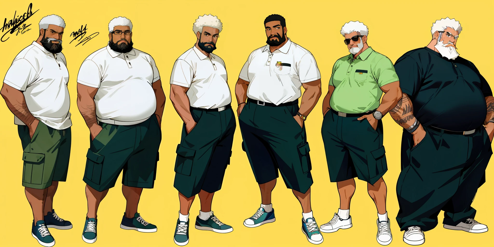 Best quality, 1 adult man, character sheet, concept art, (full body, masterpiece: 1.2), (best quality: 1.3), ordinary Afro-American black man, short white hair, white beard and moustach, 1 overweight man on his 60s, wearing a cargo shorts, fancy sneakers and polo shirt, winner attitude pose, with short white hair, assorted poses.