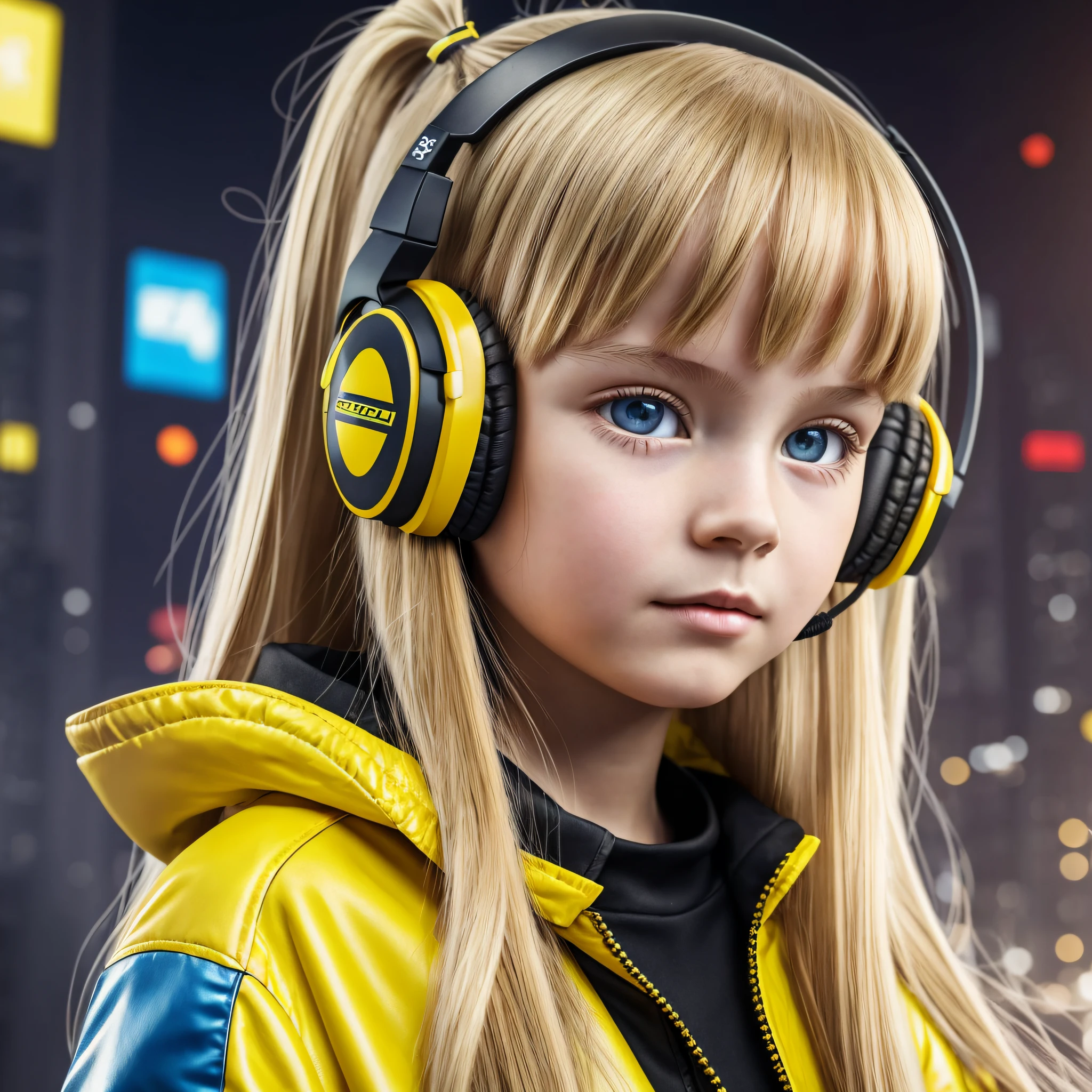 Russian child girl blonde long hair straight, put on headset and change into a cyberpunk yellow coat but do not change the face --auto --s2
