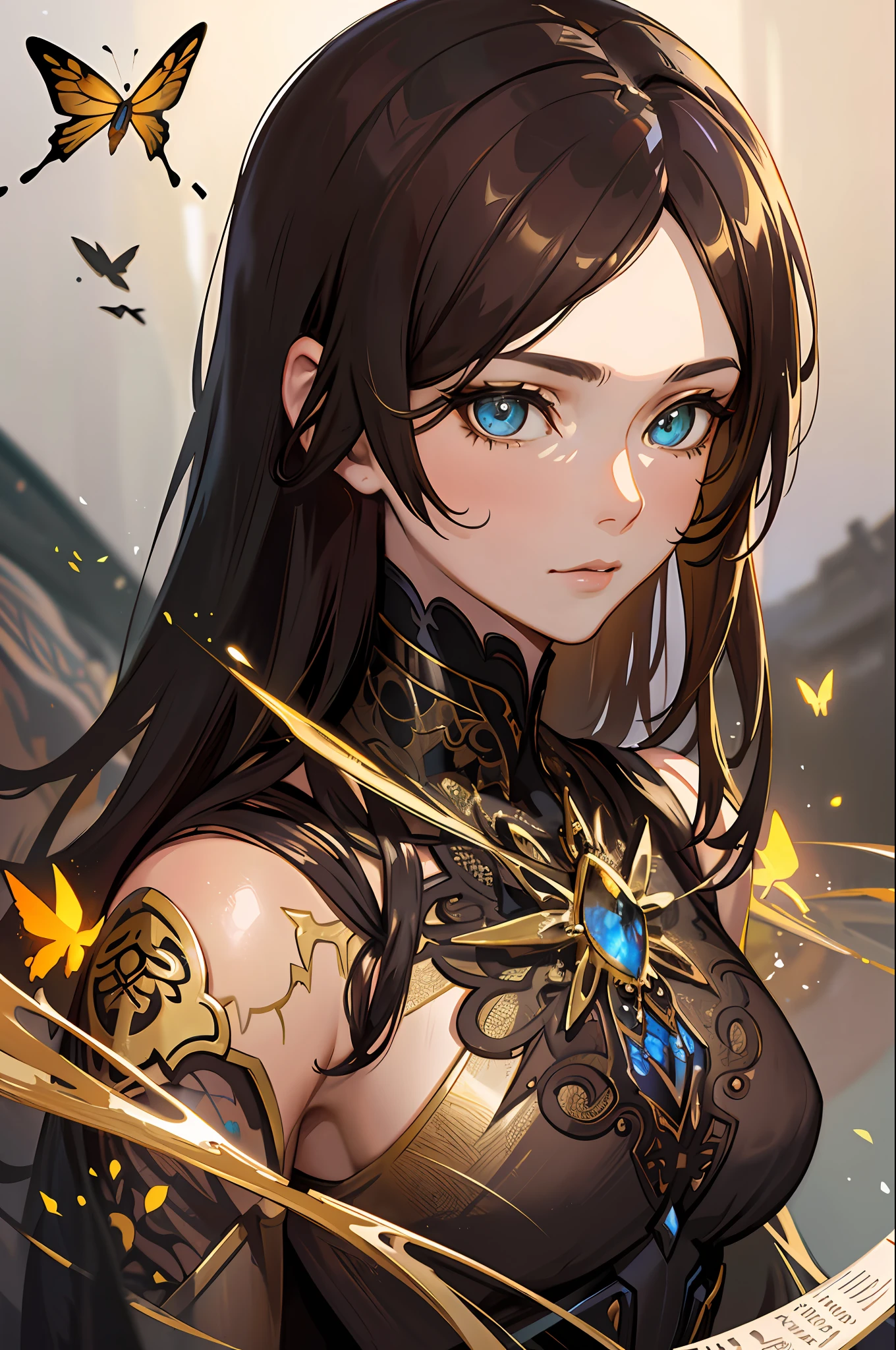 8k portrait of beautiful cyborg with brown hair, intricate, elegant, highly detailed, majestic, digital photography, art by artgerm and ruan jia and greg rutkowski surreal painting gold butterfly filigree, broken glass, (masterpiece, sidelighting, finely detailed beautiful eyes: 1.2), hdr