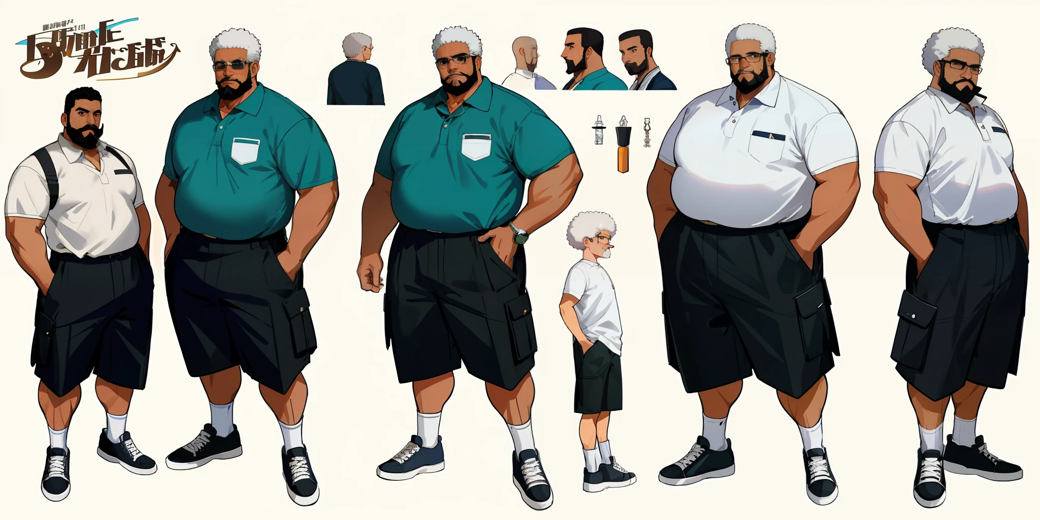 Best quality, 1 adult man, character sheet, concept art, (full body, masterpiece: 1.2), (best quality: 1.3), ordinary Afro-American black man, short white hair, white beard and moustach, 1 overweight man on his 60s, wearing a cargo shorts, fancy sneakers and polo shirt, winner attitude pose, with short white hair, multiple poses.
