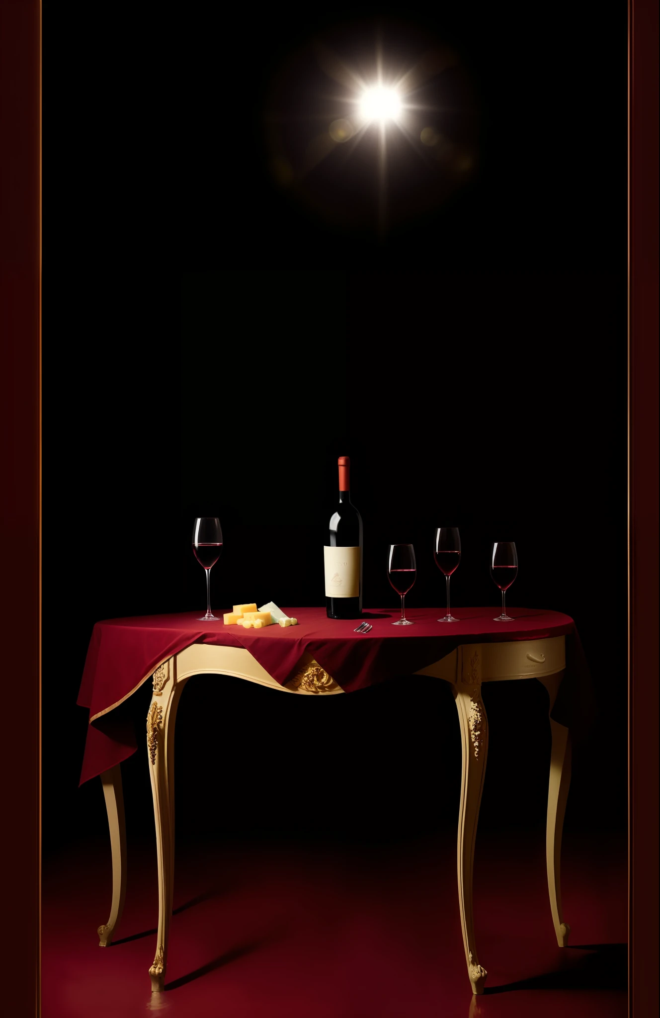 Epic poster of film, wine and cheese, award-winning (full body:1.3) photo portrait of one (wine:1.2), (cheeses:1.2), (luxury restaurant:1.2), lit candles, (wading:1.2) in Paris (France:1.1), Bottle of wine, (shot partially submerged in wine:1.2), (Grape:0.9), luxury restaurant background, chairs, dishes, vaporware, trend in artstation, highly detailed, fine detail,  intricate, (lens flare: 0.9), (backlight: 0.9), (bloom: 0.9), [Style-Micro::10]