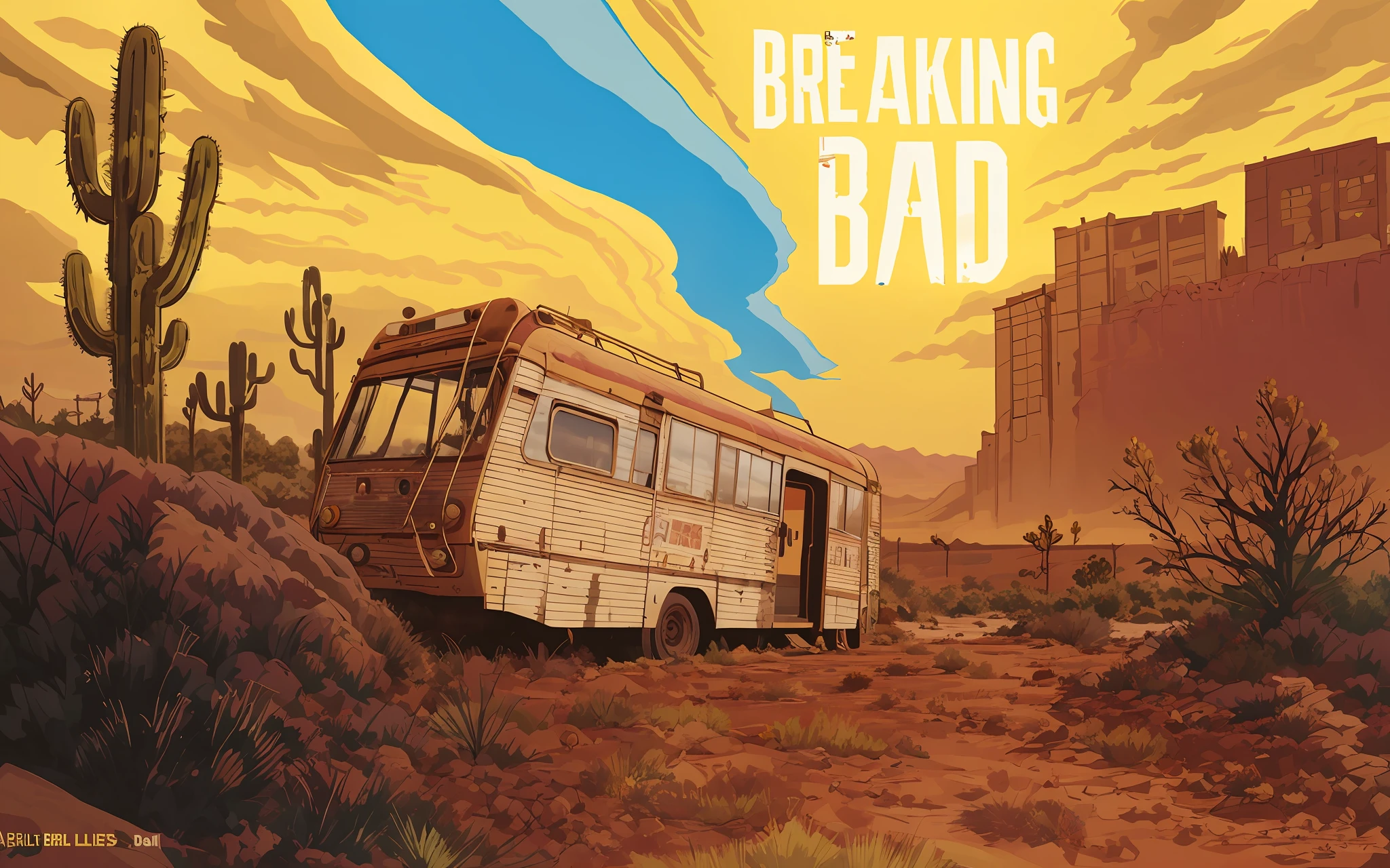 there is a painting of a bus in the desert with a blue eyedropper, breaking bad, skinny breaking bad, in breaking bad, breaking bad as manga, promotional art, breaking bad scene, official art, by Brigette Barrager, breaking, promotional art, 4k still breaking bad, album cover art, background art, still breaking bad --ar 115:73 --iw 2 --v 5