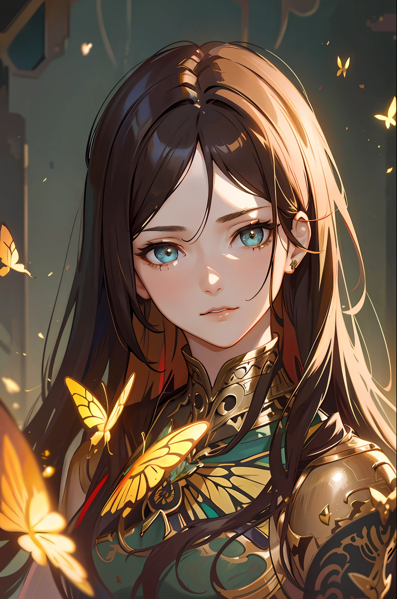 8k portrait of beautiful cyborg with brown hair, intricate, elegant, highly detailed, majestic, digital photography, art by artgerm and ruan jia and greg rutkowski surreal painting gold butterfly filigree, broken glass, (masterpiece, sidelighting, finely detailed beautiful eyes: 1.2), hdr