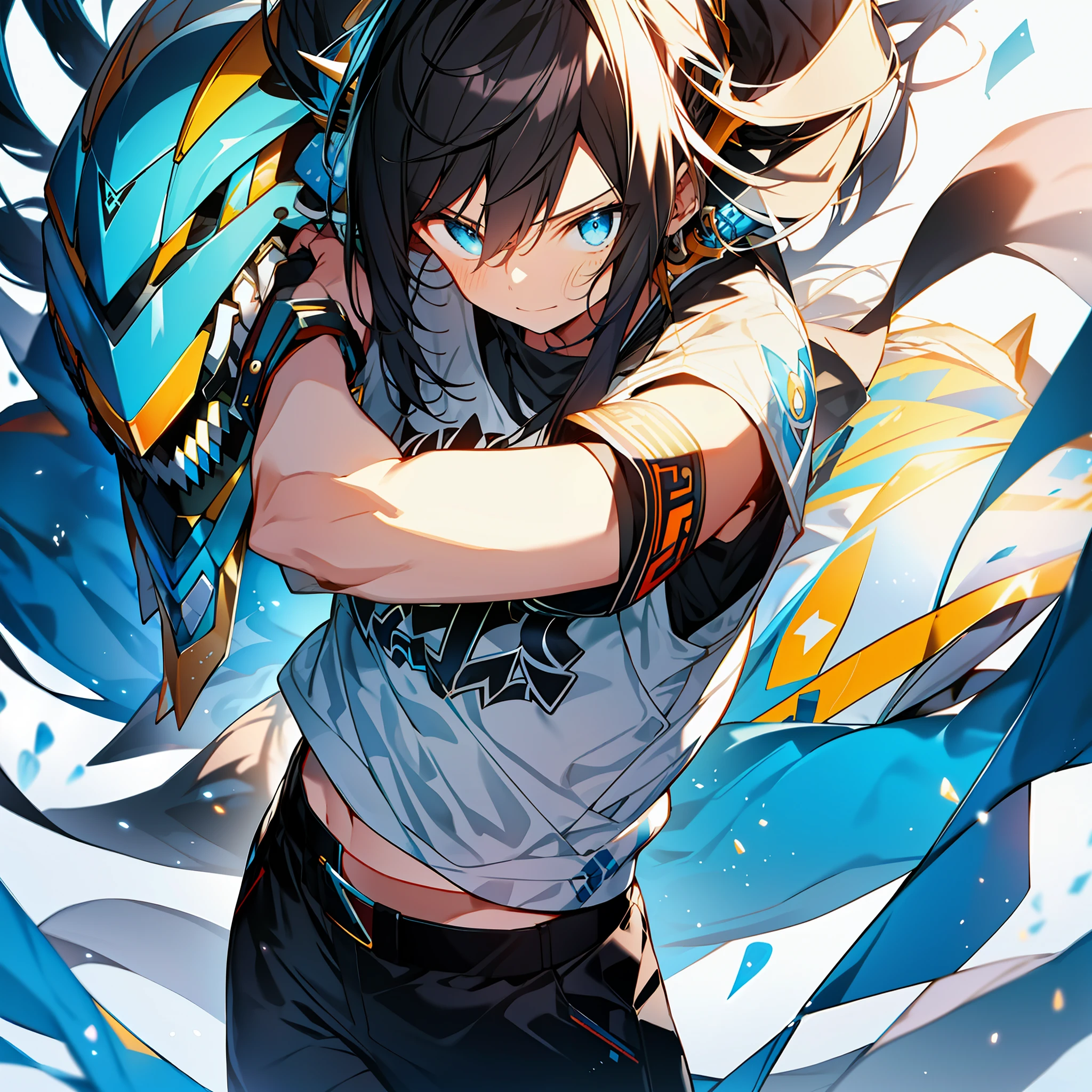 background, mixed-language_text, Japanese letters in graffit ,girls, excellent lighting, sidelighting, (), vhsKeeper,, style GUILTY GEAR -STRIVE perfect ultimate (flat color: 1.3), (magazine_cover: 1.4), (multicolored_background: 1.3), striped_background, card_background, :: comix style by joe madureira :: circular pieces of white metals glued to the arms coming out shimmering yellow glow, , perfect and detailed, ultra detailed shirt with abstract design and with letter print  Japanese in graffiti of the sides of clothing, image of full-body boys fighting alongside you with powerful dragons versus alien creature full of tentacles, with immersive effects, hover effect, background graffiti style tribal tattoo with vibrant colors "HDR ultra" detailed and with focus effect, (masterpiece: 1.2, best quality), (beautiful eyes finely detailed: 1.2),  , ((Solo)), (Finely detailed eyes and detailed face :1.3), in various full-body attack poses, (cute background: 1.2),futuristic costume, super detailed circular metals Clinging to arms and pants, fantastic paintings