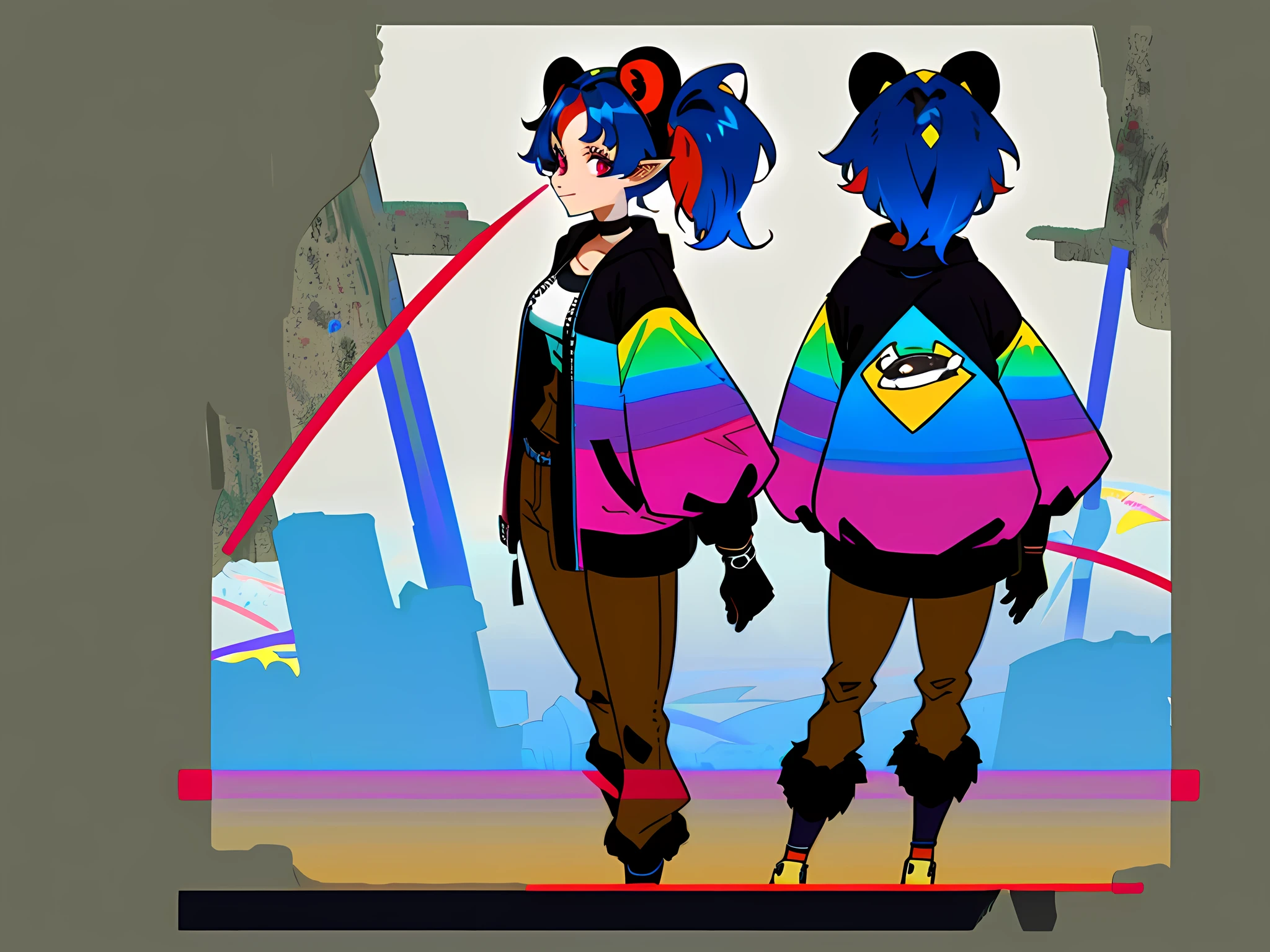 ((masterpiece)),(((best quality),(character design sheet, same character, front, side, back),)) illustration, panda themed hoodie, 1girl, solo, gloves, looking at viewer, thighs, medium breasts, black gloves, wide hips, choker, thick thighs, black choker, neutral expression, forest, outside, day, sun beams, crazy eyes, cleavage, big ears, ruins, brown pants, streaked hair, multicolored hair, colored inner hair, gradient hair, dark blue hair, black hair, crossed bangs, uneven twintails, goggles on head, animal hood, multicolored eyes, pointy ears, , Charturnbetalora, (simple background, white background: 1.3)Descendants of Fate,16k, 8k, 4K, highres, best quality, high quality, high details, super detail, knight class: archer