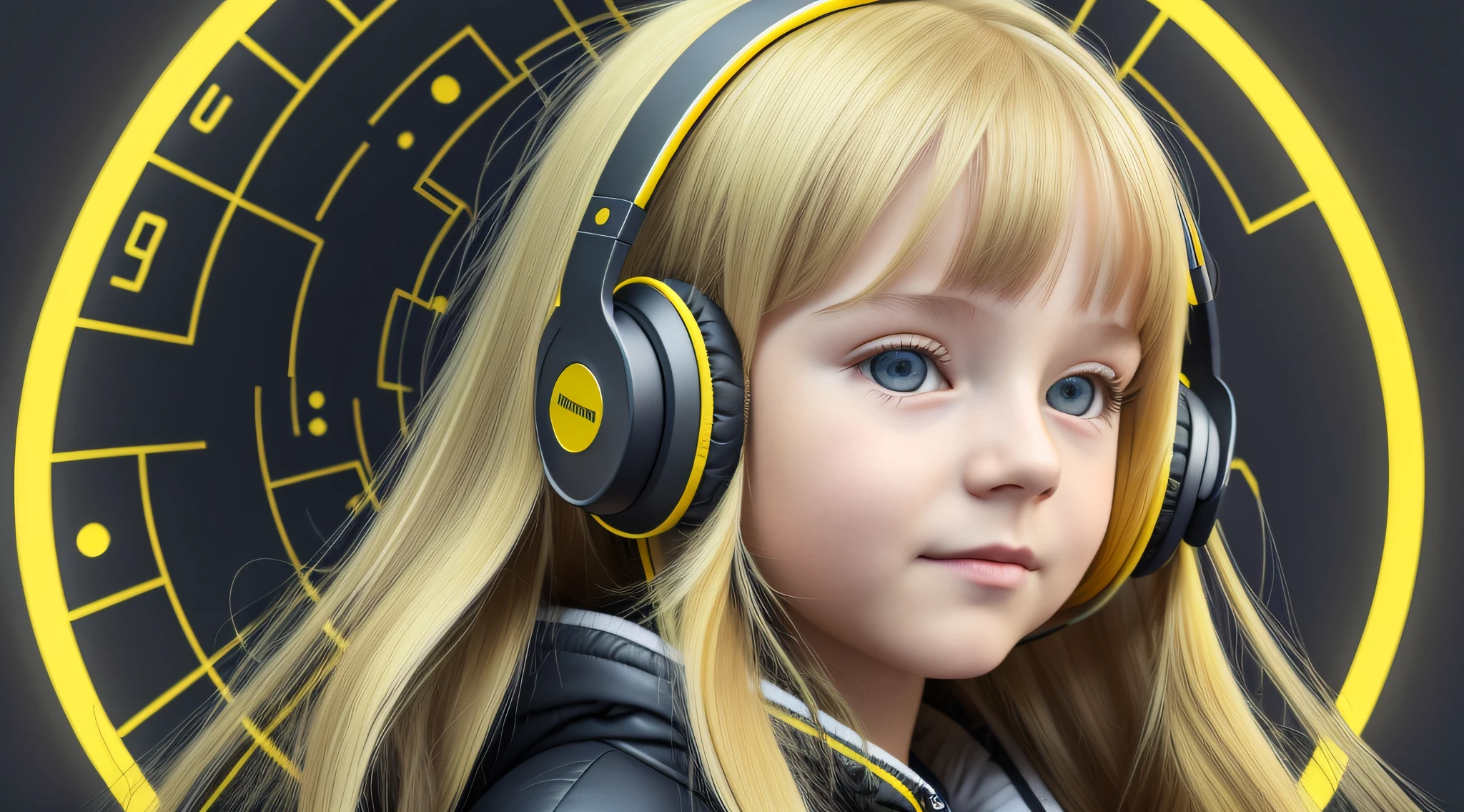 Russian  girl blonde long hair straight, put on headphone jack and change into a cyberpunk yellow coat but do not change the face, gray background. --auto --s2