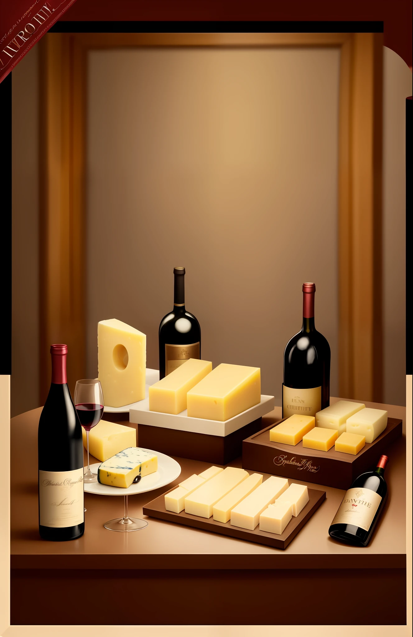 Invitation style movie poster, bottle of wine and highlight, cheeses, luxury restaurant, focus on bottle of wine and cheese, no lyrics or writing, best bottle photo, award-winning art, perfect shot