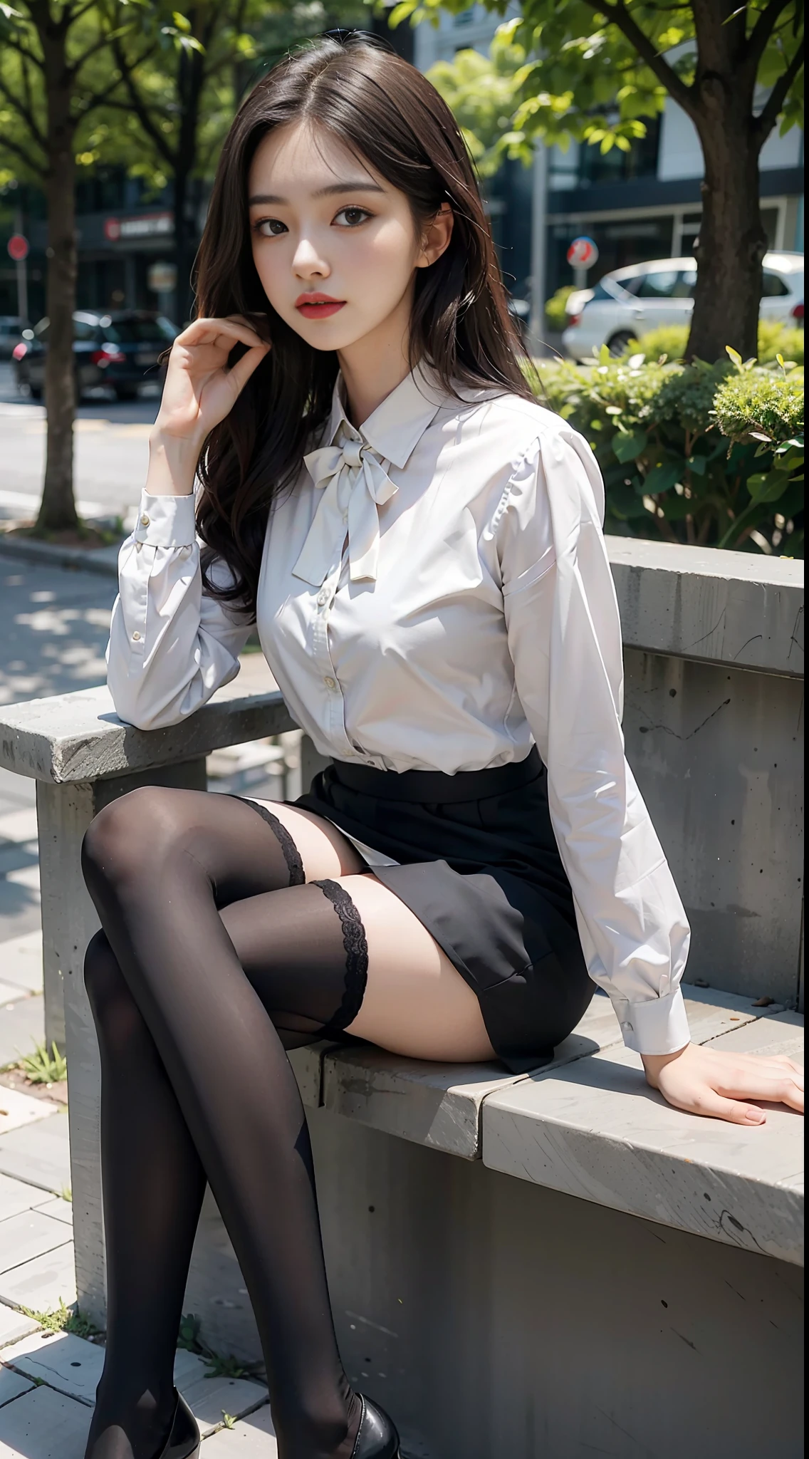 Best quality, full body portrait, delicate face, pretty face, 25 year old woman, slim figure, small bust, OL uniform, office clothes, black stockings, outdoor scene, sitting position