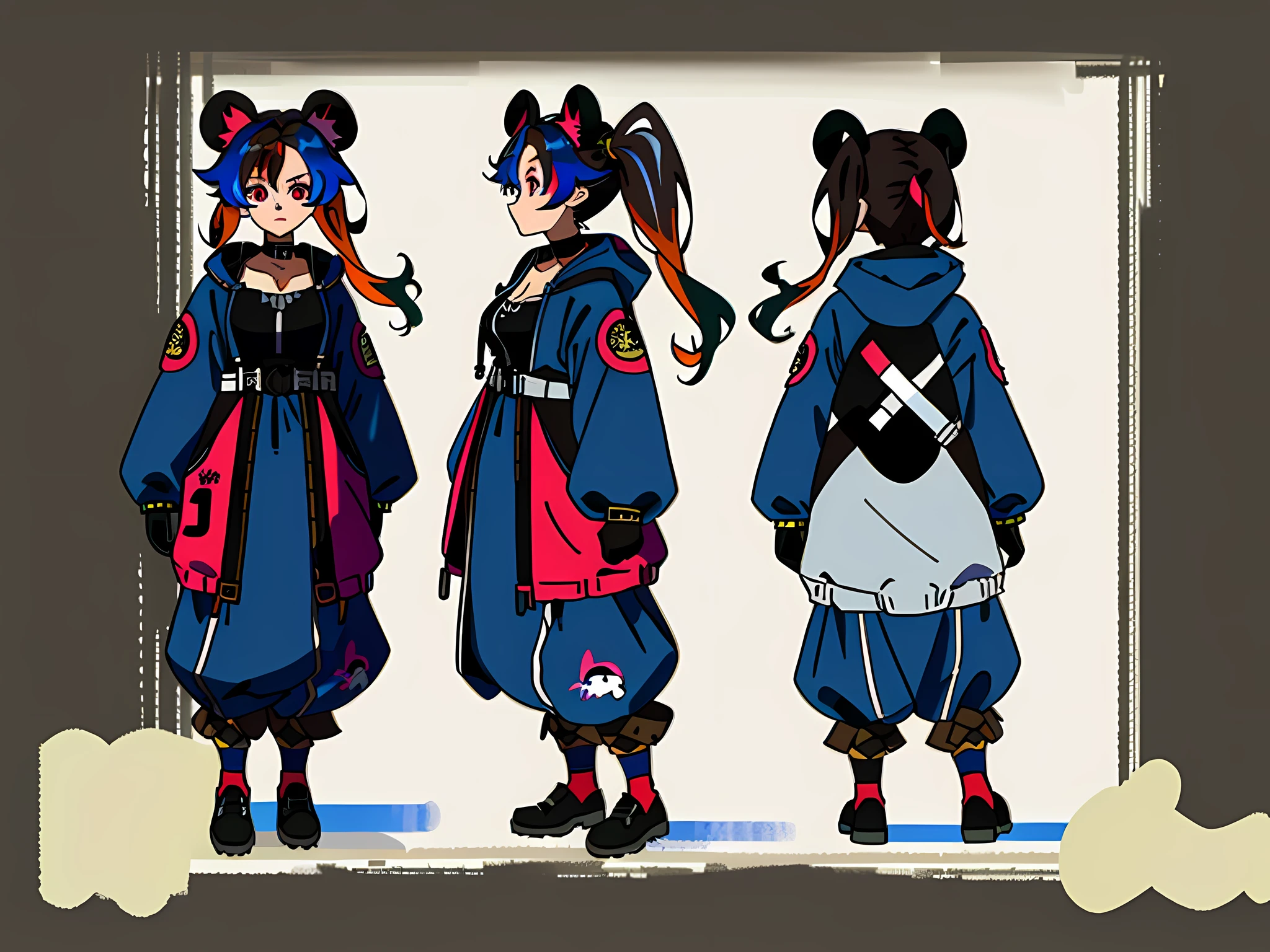 ((masterpiece)),(((best quality),(character design sheet, same character, front, side, back),)) illustration, panda themed hoodie, 1girl, solo, gloves, looking at viewer, thighs, medium breasts, black gloves, wide hips, choker, thick thighs, black choker, neutral expression, forest, outside, day, sun beams, crazy eyes, cleavage, big ears, ruins, brown pants, streaked hair, multicolored hair, colored inner hair, gradient hair, dark blue hair, black hair, crossed bangs, uneven twintails, goggles on head, animal hood, multicolored eyes, pointy ears, , Charturnbetalora, (simple background, white background: 1.3)Descendants of Fate,16k, 8k, 4K, highres, best quality, high quality, high details, super detail, knight class: archer