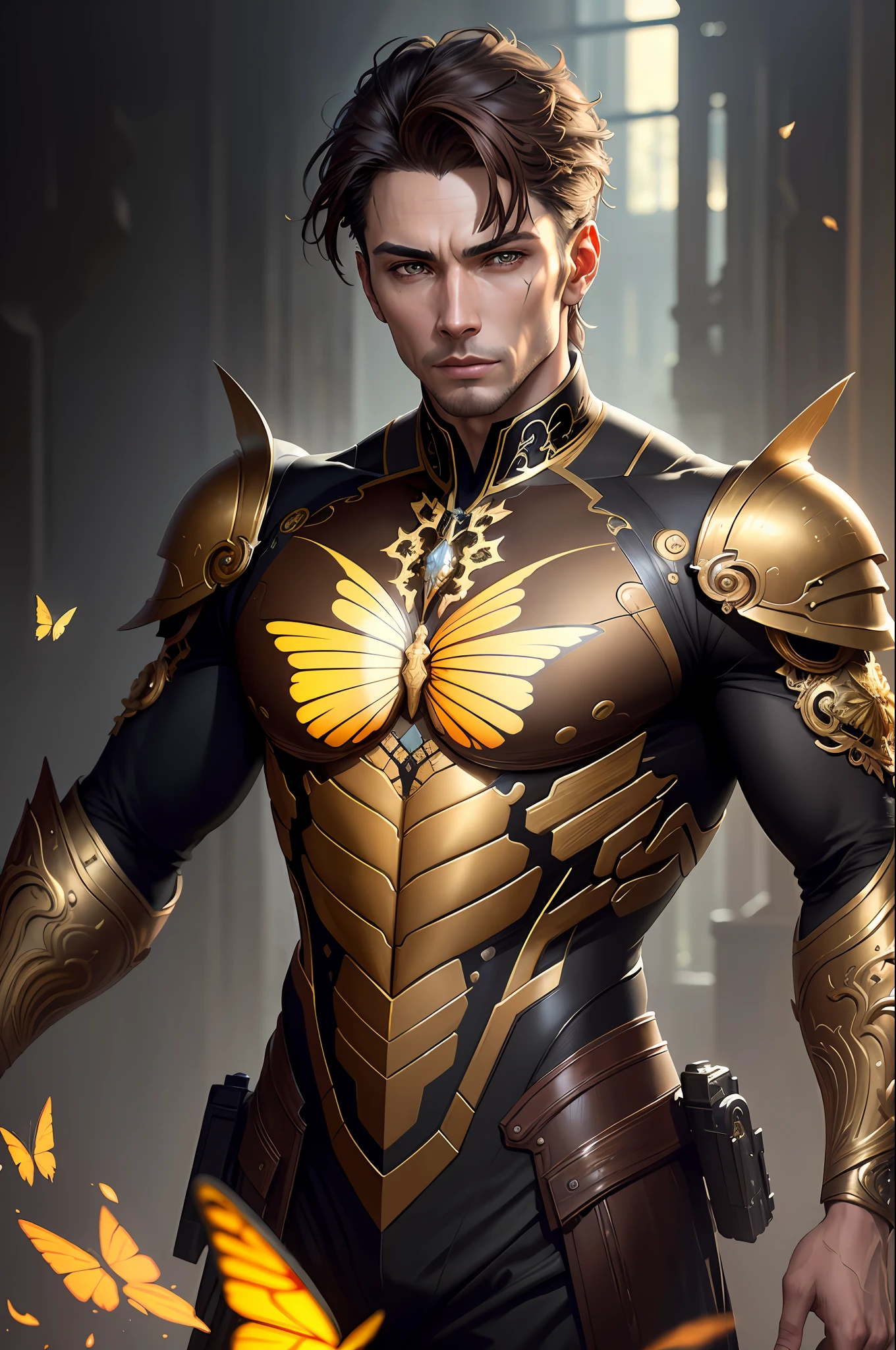 8k portrait of handsome cyborg with brown hair, intricate, elegant, highly detailed, majestic, digital photography, artgerm art and ruan jia and greg rutkowski, surreal painting, golden butterfly, filigree, broken glass, (masterpiece, side lighting, finely detailed beautiful eyes: 1.2 ), hdr