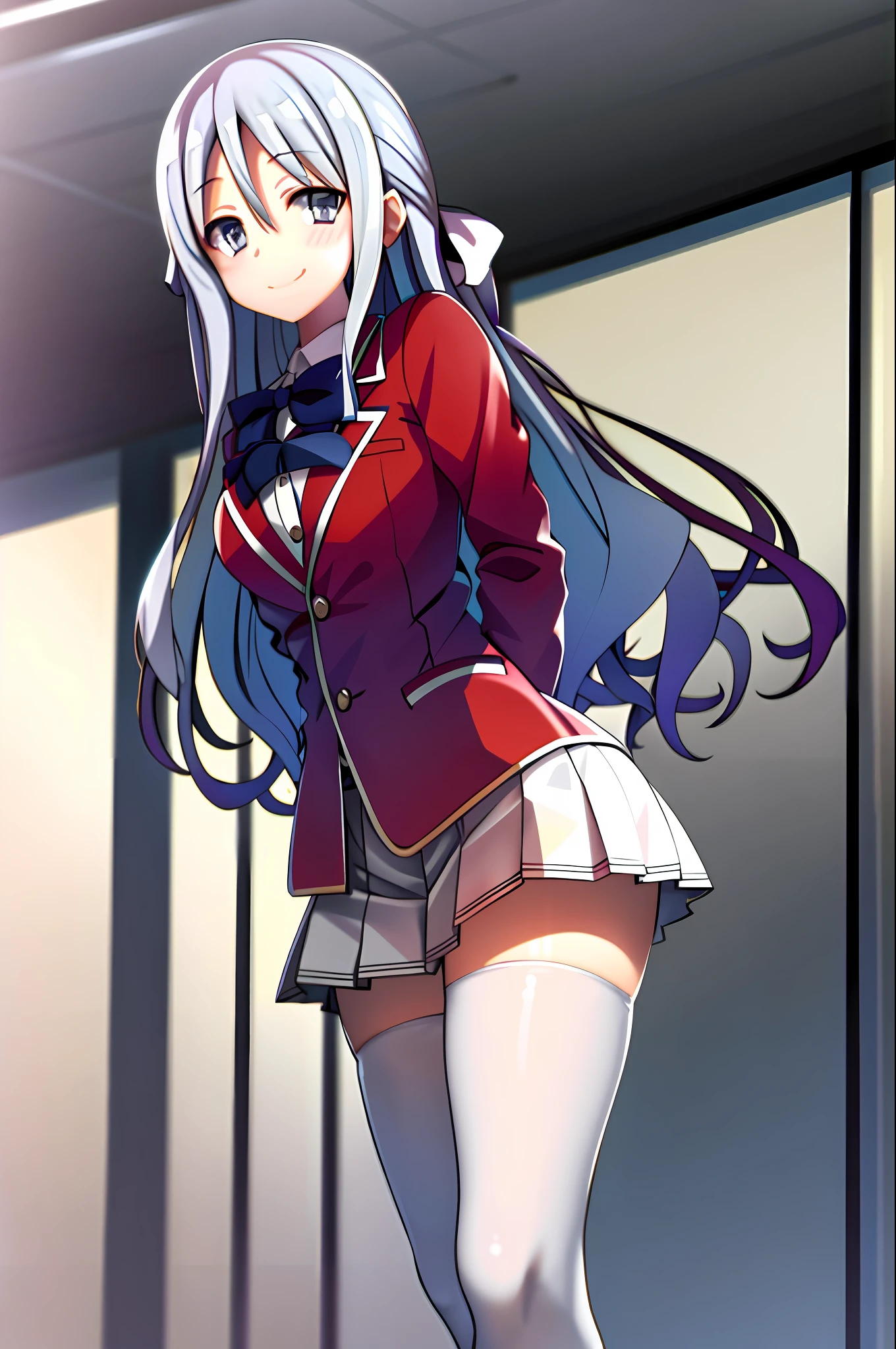 masterpiece, best quality, highres, 1girl shiina hiyori, school uniform white shirt white skirt grey legwear standing, smile, hands in pockets