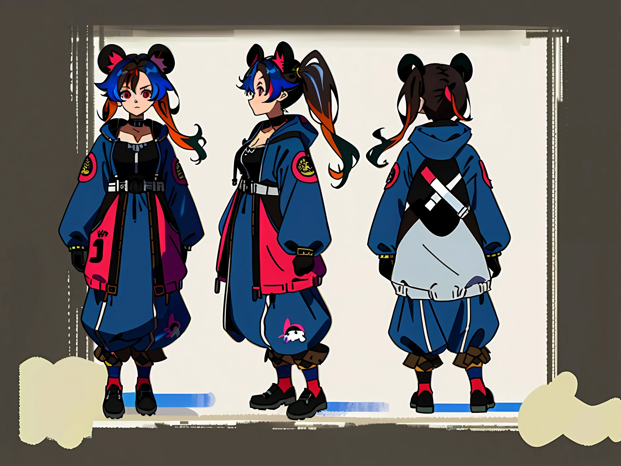 ((masterpiece)),(((best quality),(character design sheet, same character, front, side, back),)) illustration, panda themed hoodie, 1girl, solo, gloves, looking at viewer, thighs, medium breasts, black gloves, wide hips, choker, thick thighs, black choker, neutral expression, forest, outside, day, sun beams, crazy eyes, cleavage, big ears, ruins, brown pants, streaked hair, multicolored hair, colored inner hair, gradient hair, dark blue hair, black hair, crossed bangs, uneven twintails, goggles on head, animal hood, multicolored eyes, pointy ears, , Charturnbetalora, (simple background, white background: 1.3)Descendants of Fate,16k, 8k, 4K, highres, best quality, high quality, high details, super detail, knight class: archer
