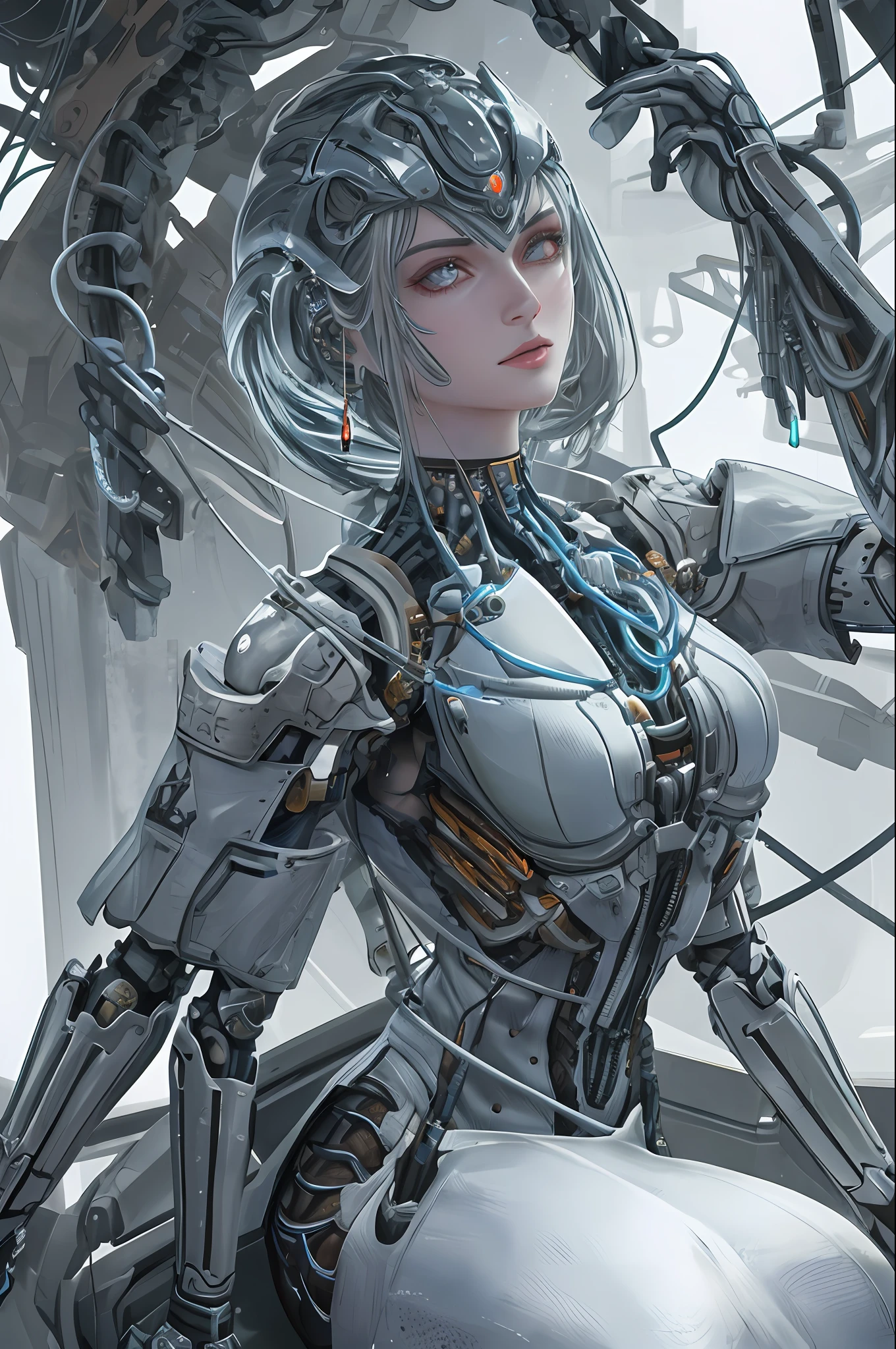 1mechanical girl,((ultra realistic details)), portrait, global illumination, shadows, octane render, 8k, ultra sharp,metal,intricate, ornaments detailed, cold colors, egypician detail, highly intricate details, realistic light, trending on cgsociety, glowing eyes, facing camera, neon details, machanical limbs,blood vessels connected to tubes,mechanical vertebra attaching to back,mechanical cervial attaching to neck,sitting,wires and cables connecting to head
