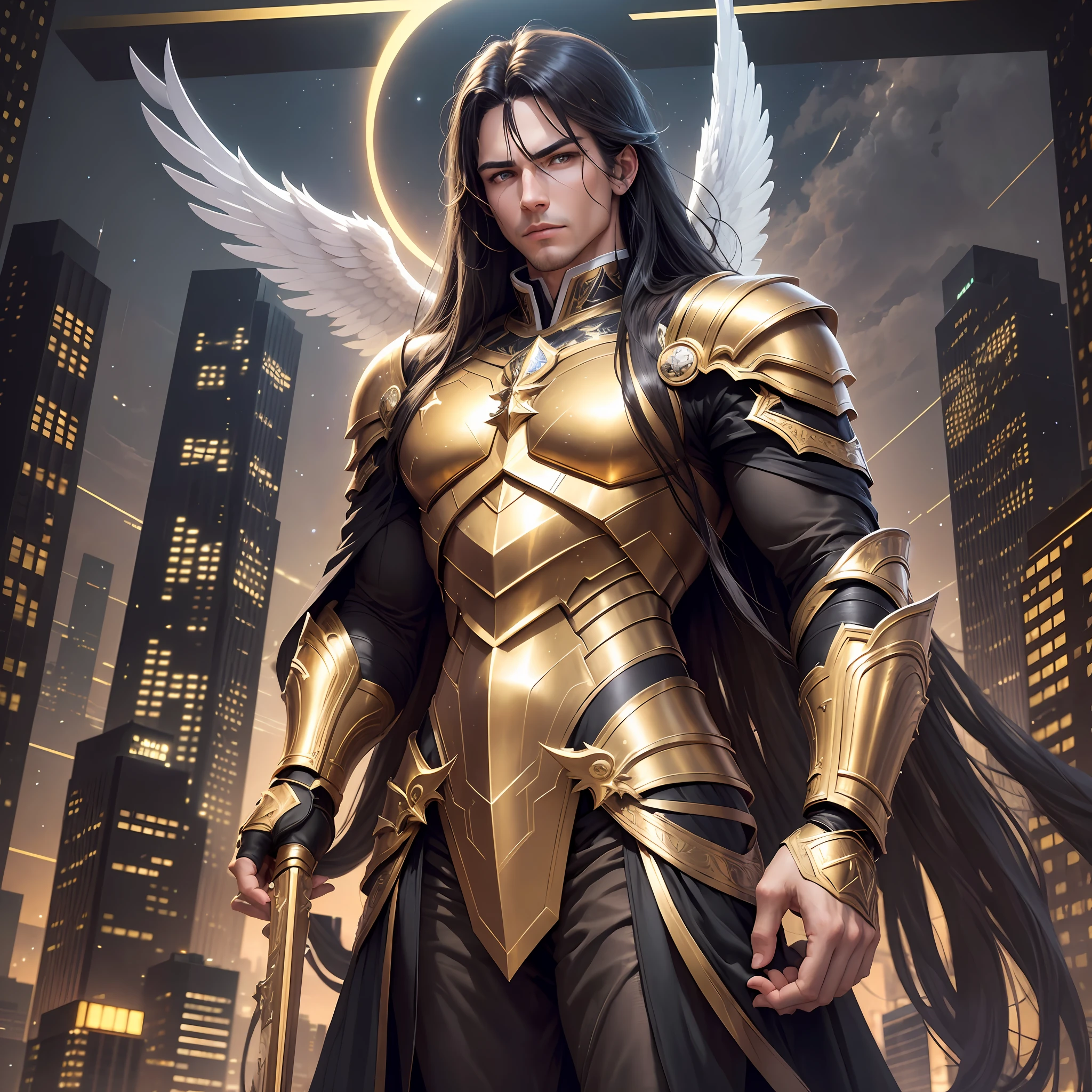 Imagine a male angel in all his glory,long black hair, cold look (light brown eyes) serious face (rich in detail)athletic physique,(by the Caucasian)pectoral armor (golden) flying over a city at night, illuminated buildings, moonlight, stars, night breeze, cool ambient color with soft touches, (extreme quality) 8k --auto --s2