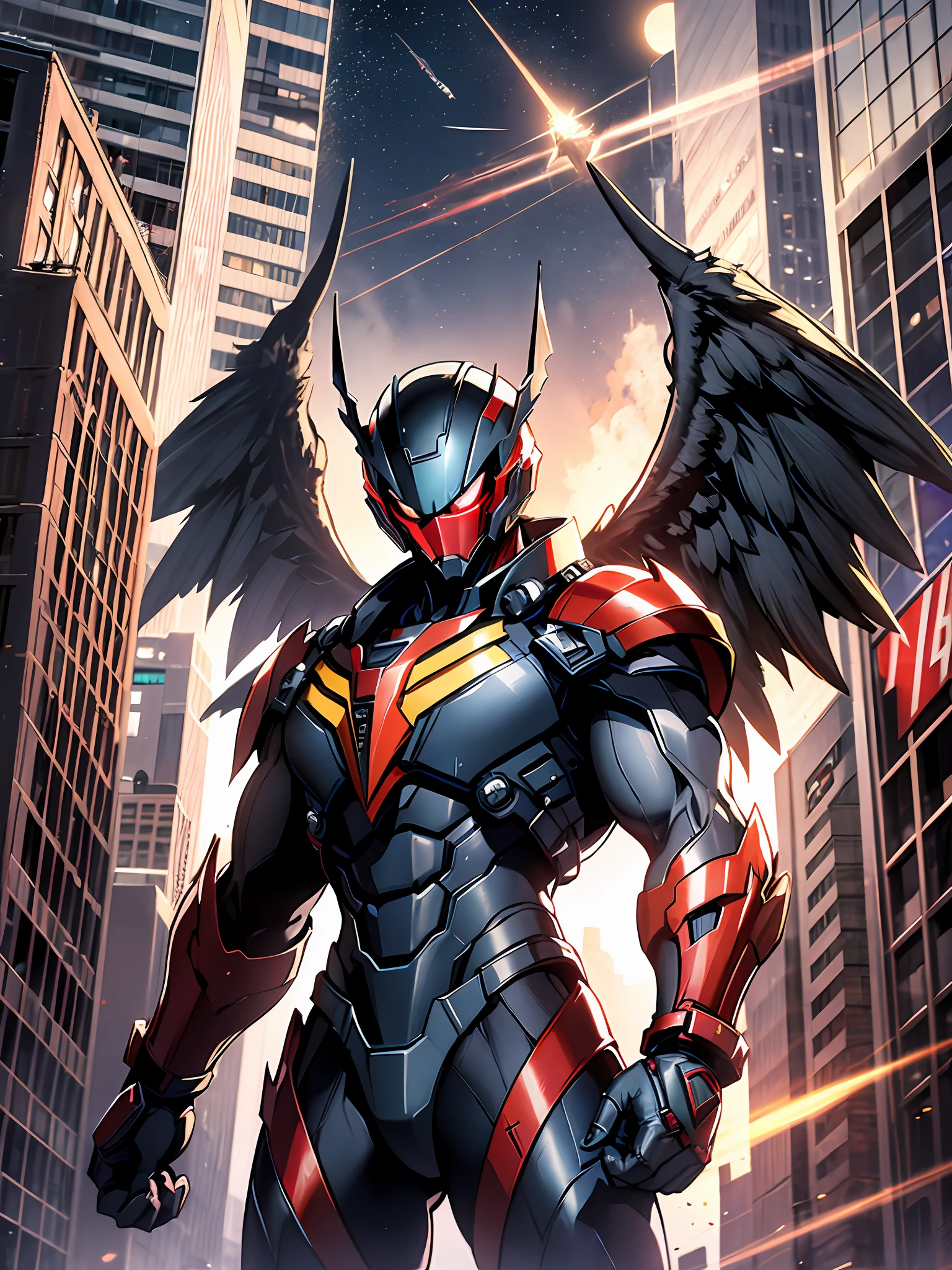 darkhawk by Marvel, mech carbon fiber, carbon big wings on the arms, a red visor crucifix on the helmet in the center of face, red triangle in the center of the armor, stands on a busy New York street corner, The moon is setting, casting a golden glow over the city.