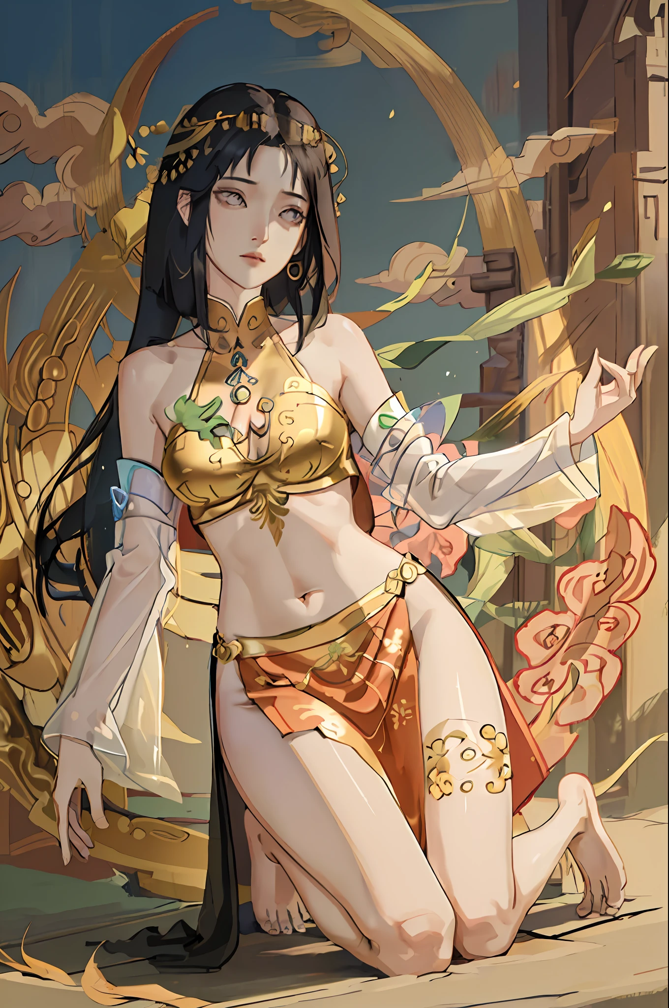 8K raw photo, Best quality, masterpiece, ultra high res, (zentangle, mandala, tangle, entangle),colorful,(photorealistic:1.4), raw photo, 1girl, offshoulder, outdoors,tall female, skinny, slim_legs, solo,(perfect body shape),holy light,gold foil,gold leaf art,glitter drawing,fly high in the sky ,(full body),long hair, (see-through:1.3), ((revealing clothes)), ((barefoot)), medium breasts, earrings, ((dress)), no bra, ((bare shoulders)), very long hair, no panties, black hair, ((detached sleeves)), ((side slit)), bare, dunhuang_cloths,dunhuang_dress,traditional chinese hair style,Traditional Chinese hair ornament,cinema,Fei Tian Ji ,Propitious Clouds,chang'e, paradox,pure,soft smile,illustration,barefoot,(pelvic curtain),playful patterns, lively texture,