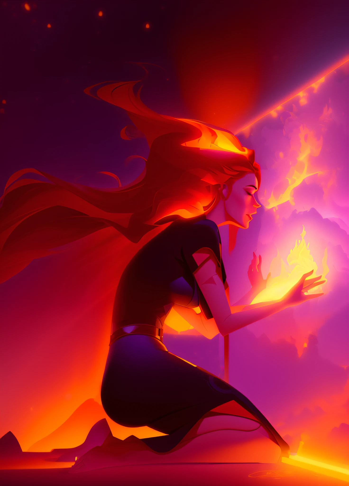 a cartoon of a woman kneeling in front of a fire, jen bartel, brittney lee, by Cyril Rolando, rhads and lois van baarle, inspired by Lois van Baarle, inspired by Cyril Rolando, in style of cyril rolando, cyril rolando and goro fujita, by Lois van Baarle