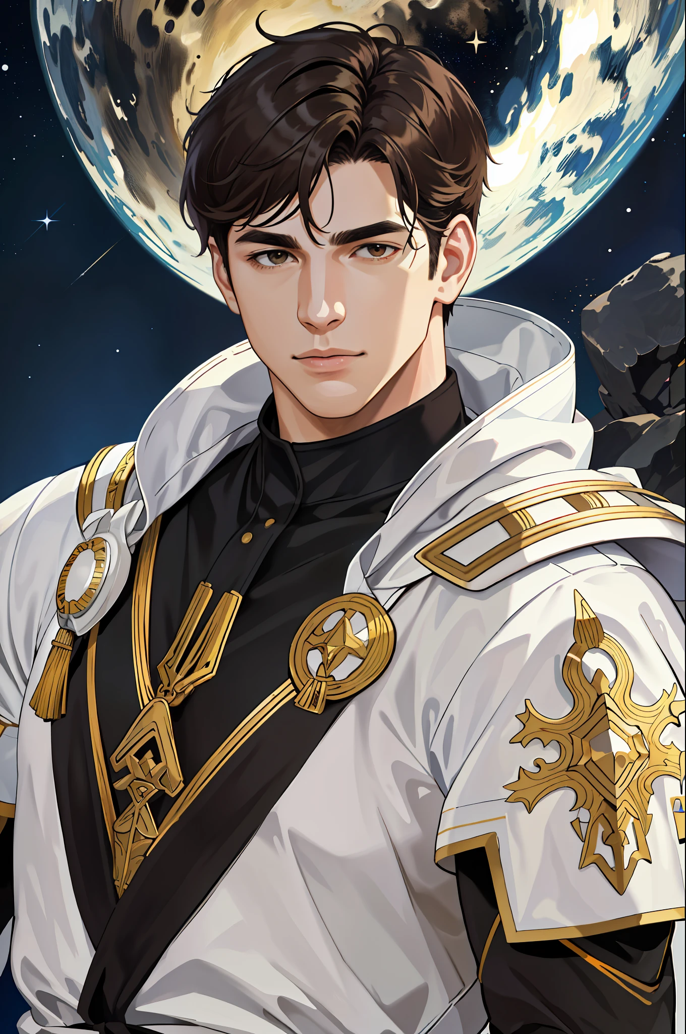 realistic, (absurd, highres, ultra detailed), 1 male, solo, mature, high muscular face, broad shoulders, handsome, short hair, black hair, ointment, brown eyes, angular jaw, thick neck, thick eyebrows, night, dark, view of the universe in the background, white divine armor and helmet, upper body
