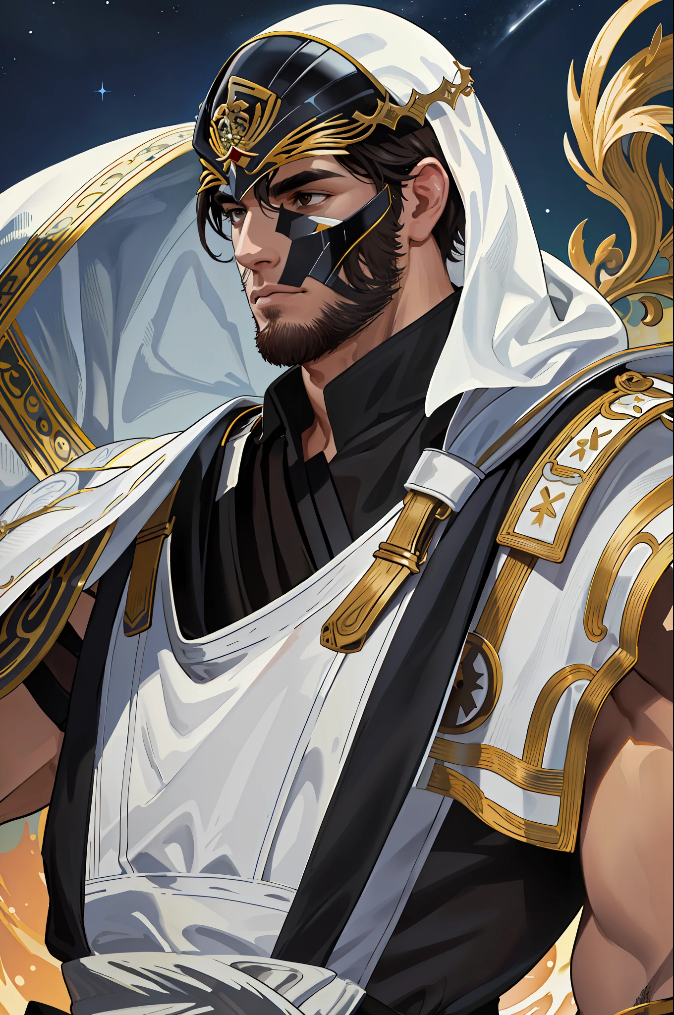 realistic, (absurd, highres, ultra detailed), 1 male, solo, mature, high muscular face, broad shoulders, handsome, short hair, black hair, ointment, brown eyes, angular jaw, thick neck, thick eyebrows, night, dark, view of the universe in the background, white divine armor and helmet, upper body