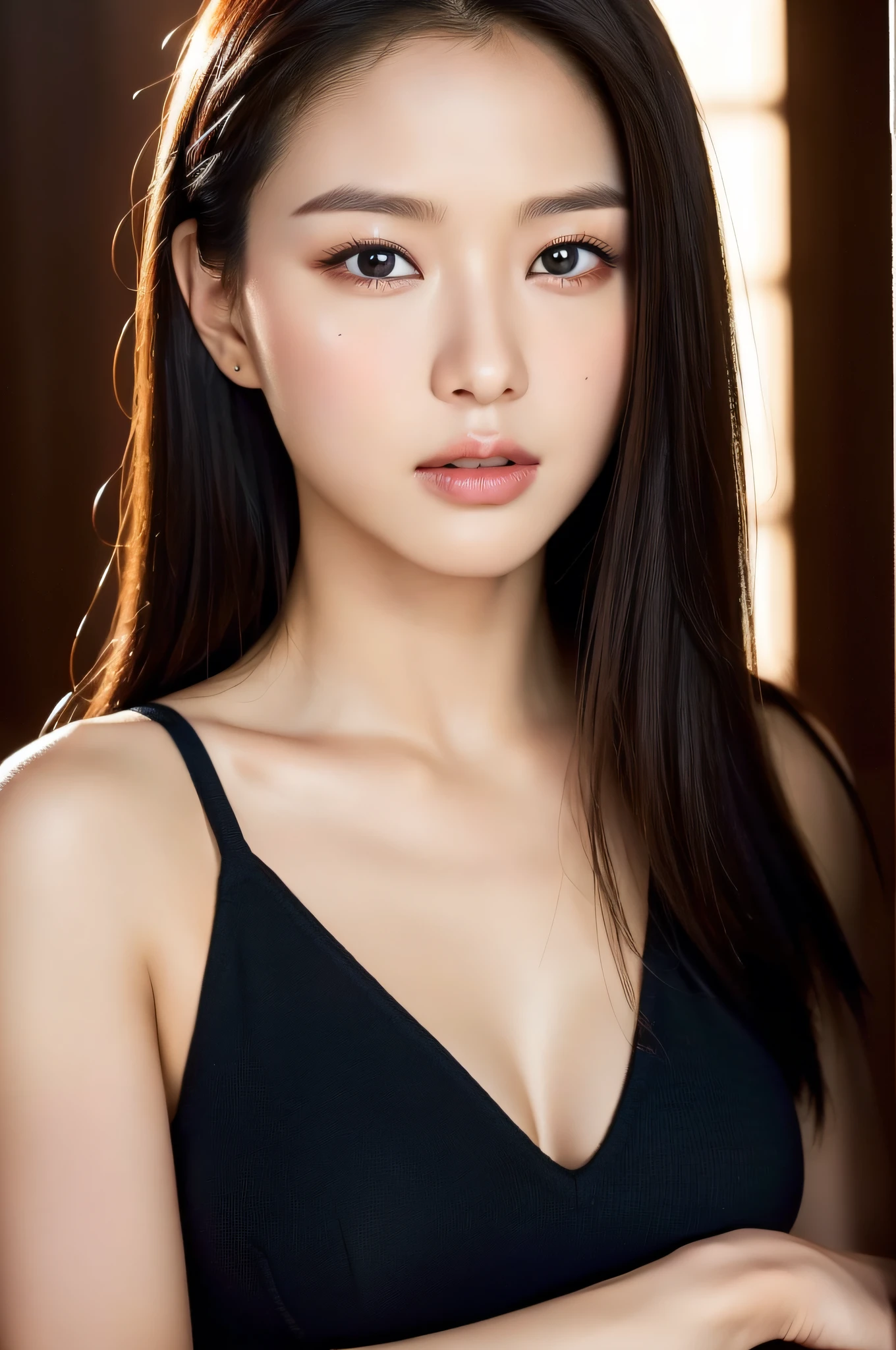 ((Top Quality, 8K, Masterpiece: 1.5)), Sharp Focus: 1.2, (Super Beautiful Face: 1.8), (Glossy Skin: 1.0), Realistic Photography, Black Hair, Realistic Pupils, Movie Lighting, Highly Detailed Eyes and Face, Movie Lighting, (Cowboy Shot: 1.8),