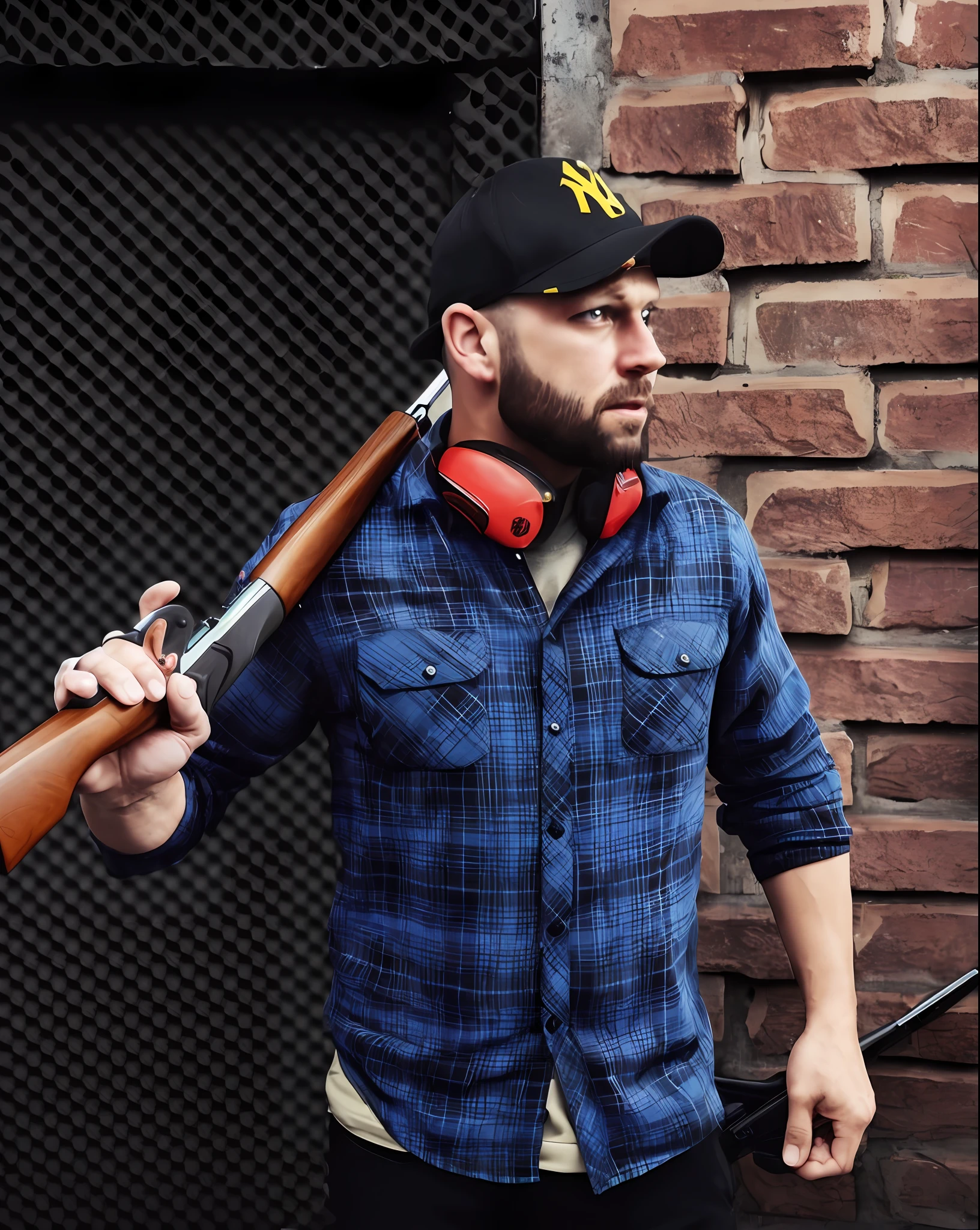 man holding a shotgun with a baseball cap, inspired by Brian 'Chippy' Dugan, high quality