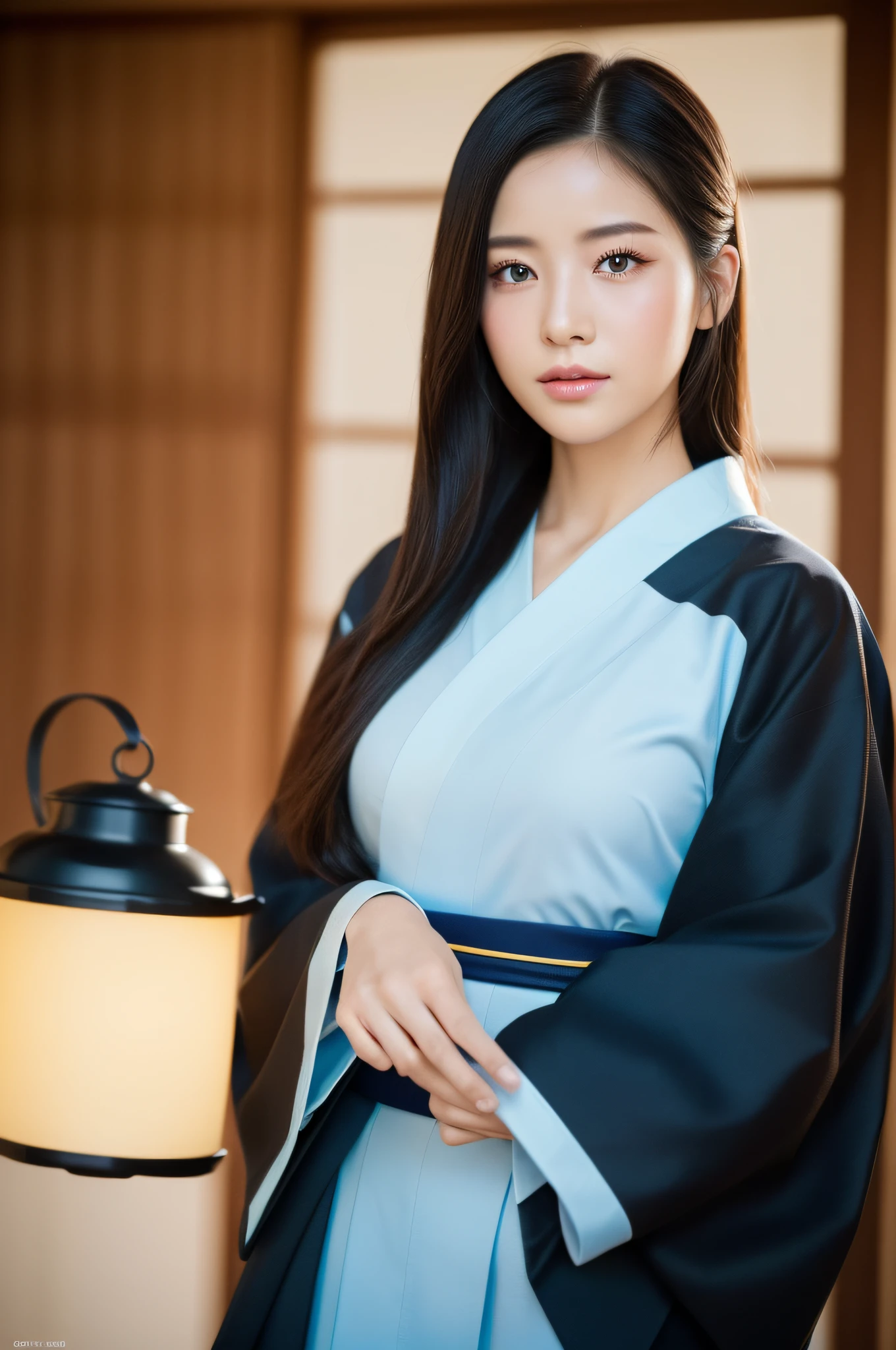 ((Top Quality, 8K, Masterpiece: 1.3)), Sharp Focus: 1.2, (Super Beautiful Face: 1.0), (Glossy Skin: 1.0), Realistic Photos, Black Hair, Realistic Pupils, Movie Lighting, Highly Detailed Eyes and Face, Movie Lighting, (Cowboy Shot: 1.0), (kimono, hakama, obi: 1.15),