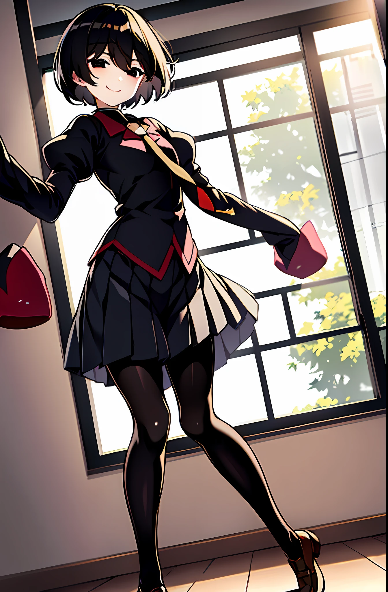 (masterpiece,best quality, detailed), 1girl, solo, indoors, corridor, window, half-closed eyes, smile, closed mouth, night, dark, moon, dutch angle,
oshino ougi, pink shirt, black pantyhose, sleeves past fingers, pleated skirt, black necktie, puffy sleeves, black undershirt, loafers
