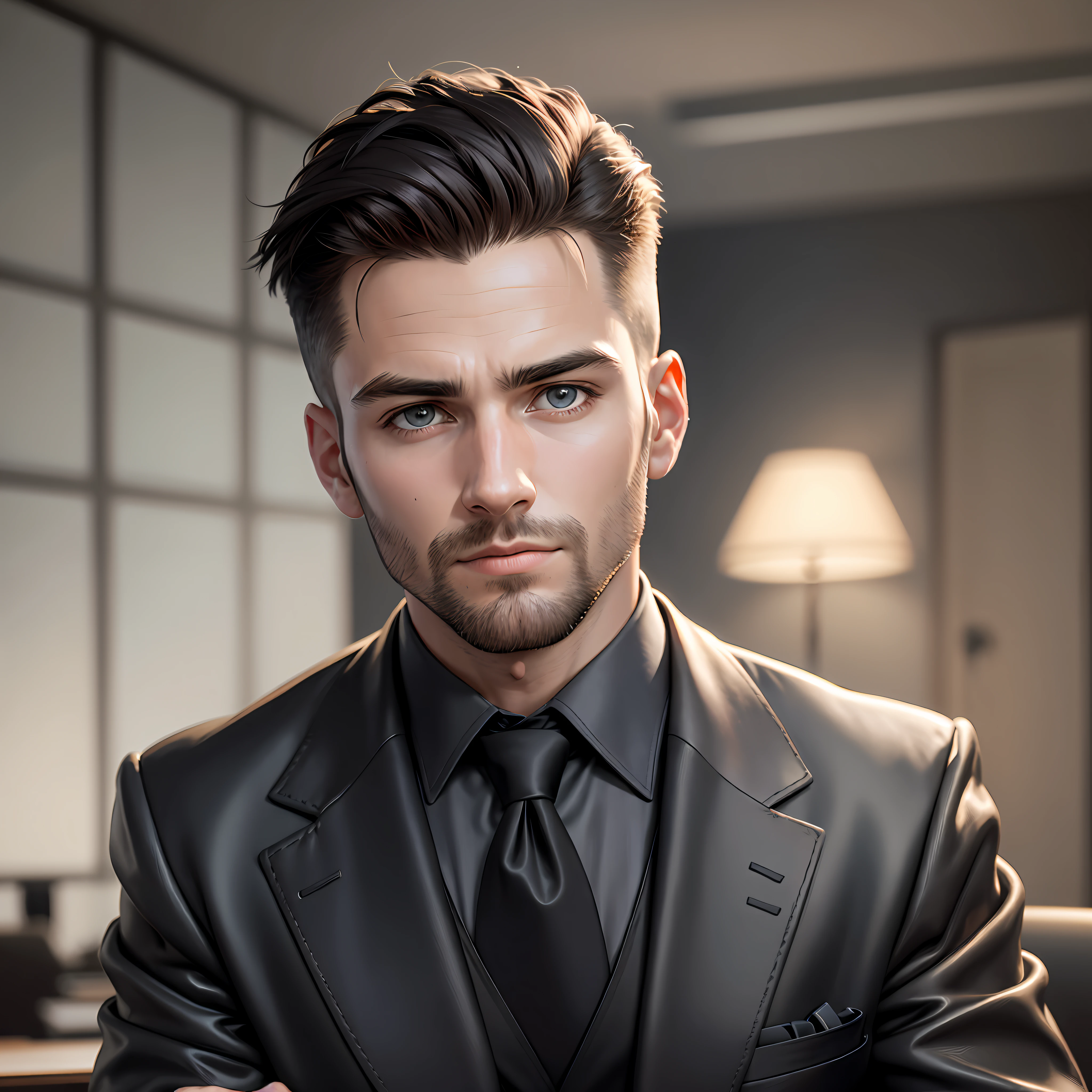 Portrait of a 30-year-old American military haircut man in suit and tie sitting on a black colored leather chair, Office, body and head straight in the photo and facing the viewer of the photo, Office, eyes staring at the lens, appear shoulders and head in the photo, man centered in the photo,  blurred background, both hands on the table, open book on the table, 8k, best quality, masterpiece, realistic, realistic photo, movie photo, ultra realistic, 1 person, detailed, perfect lighting, DSRL, professional photo, 4k. --auto --s2