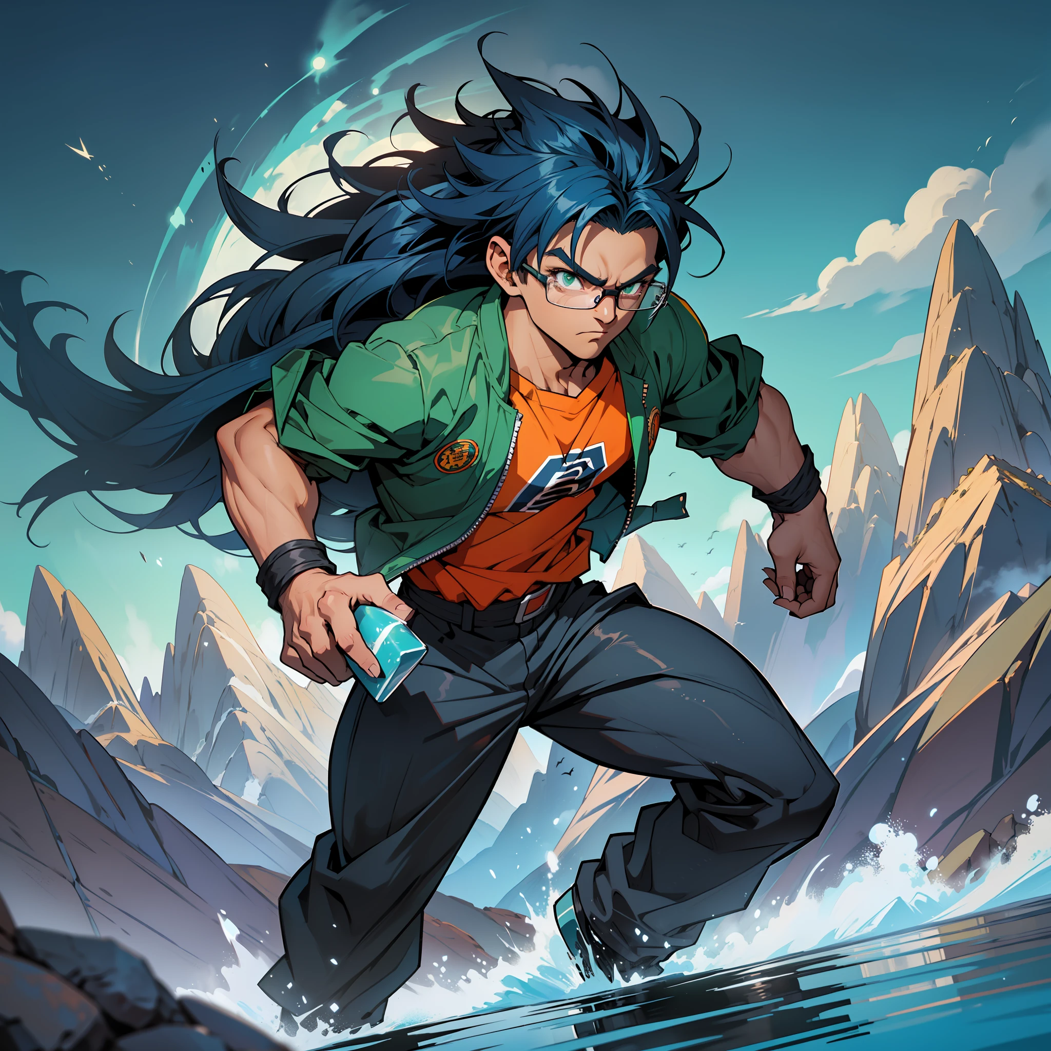 (man, dark skin, long dark blue hair:1.3, square glasses, green eyes:1.1, black pants:1.1), stylized in Dragon Ball style,(mountain background:0.8, fighting:1.2)
