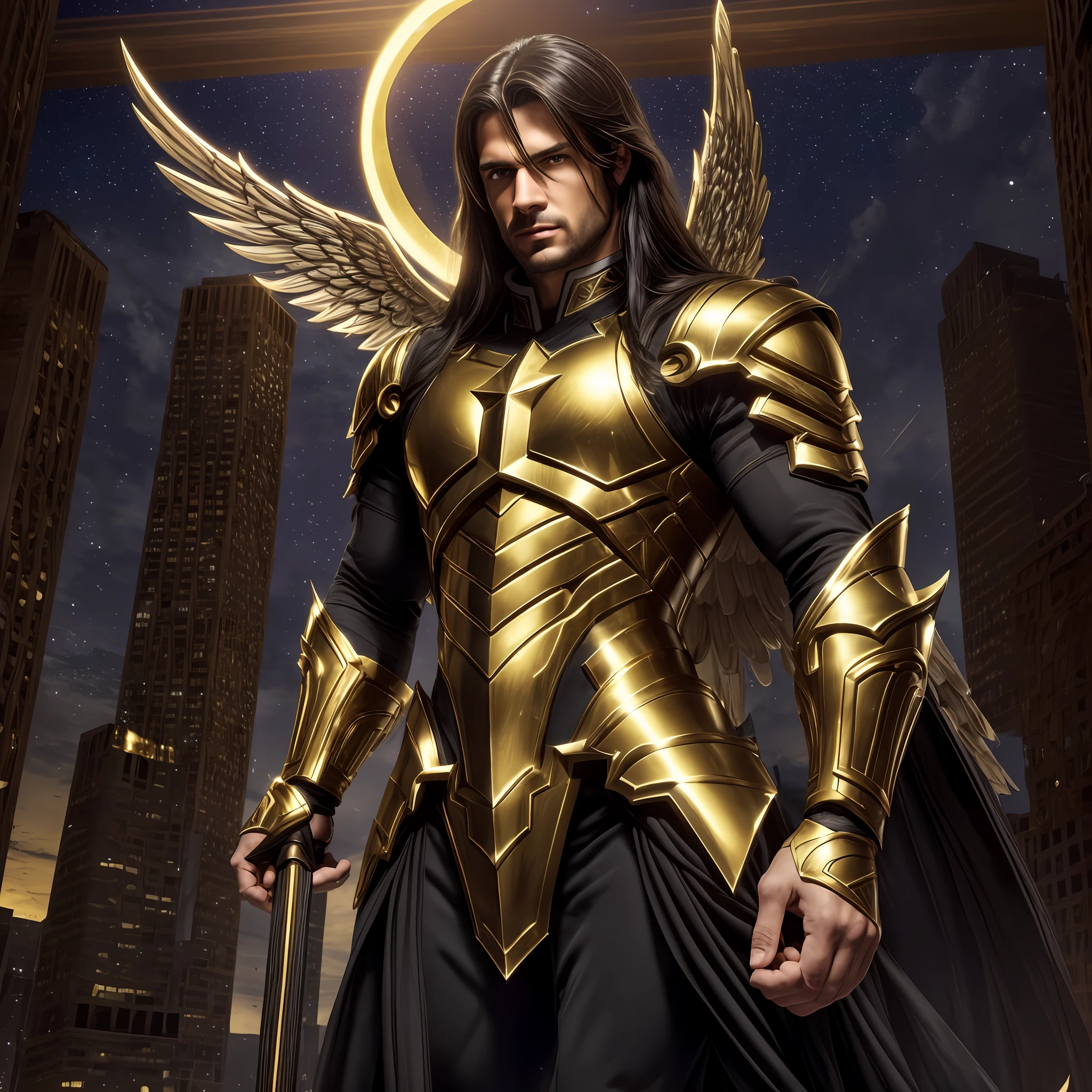 Imagine a male angel in all his glory,long black hair, cold look (light brown eyes) serious face (rich in detail)athletic physique,(by the Caucasian)pectoral armor (golden) flying over a city at night, illuminated buildings, moonlight, stars, night breeze, cool ambient color with soft touches, (extreme quality) 8k --auto --s2