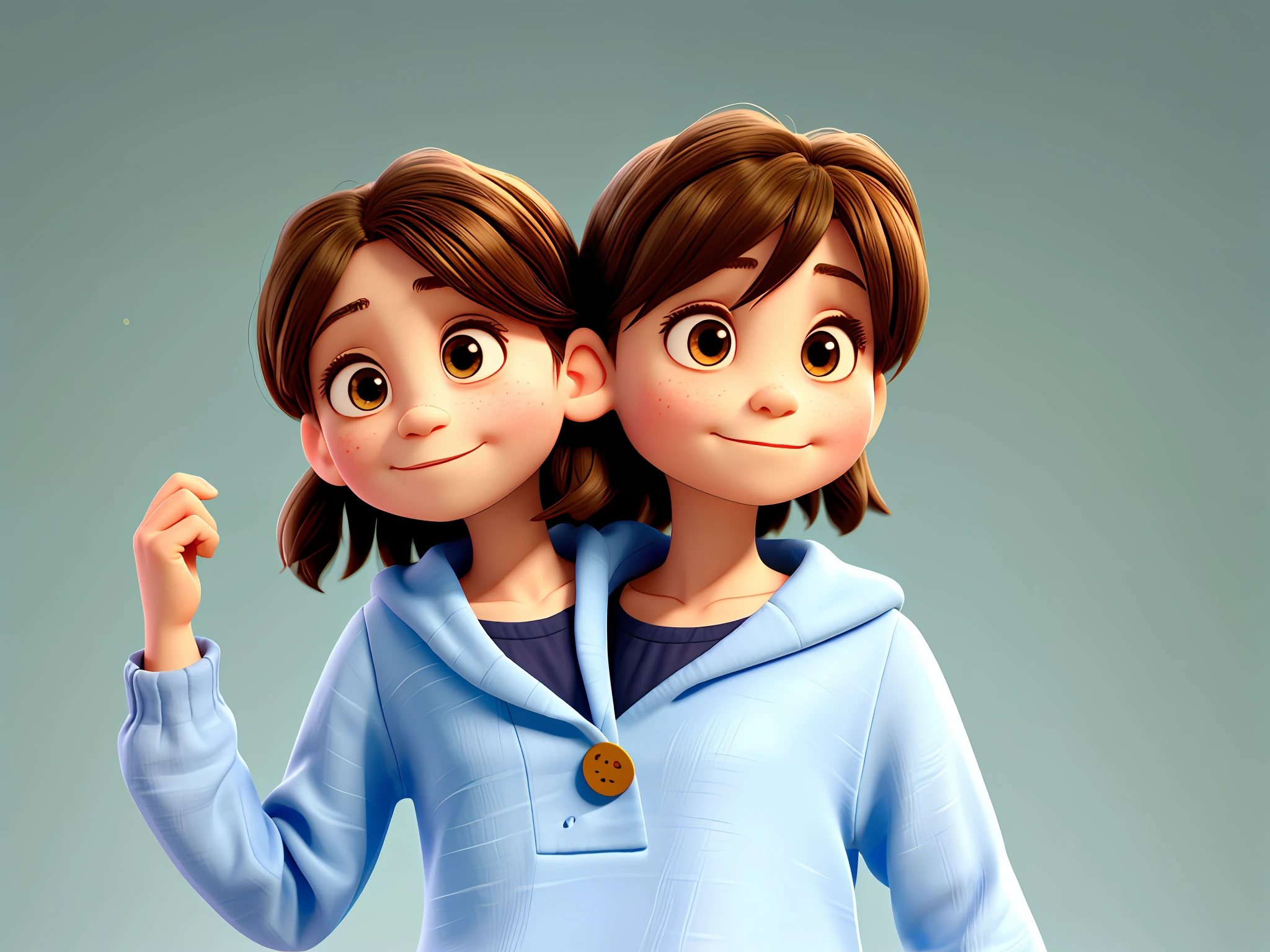 A little girl and mother sharing a two-headed body, no less than two heads, school uniform,