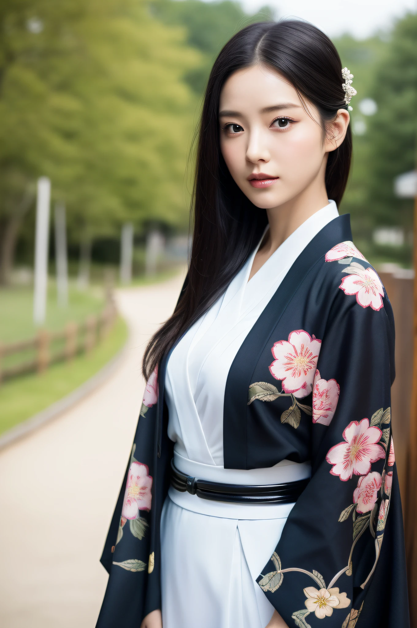 ((Top Quality, 8K, Masterpiece: 1.3)), Sharp Focus: 1.2, (Super Beautiful Face: 1.0), (Glossy Skin: 1.0), Realistic Photos, Black Hair, Realistic Pupils, Movie Lighting, Highly Detailed Eyes and Face, Movie Lighting, (Cowboy Shot: 1.0), (kimono, hakama, obi: 1.2), medium_breasts