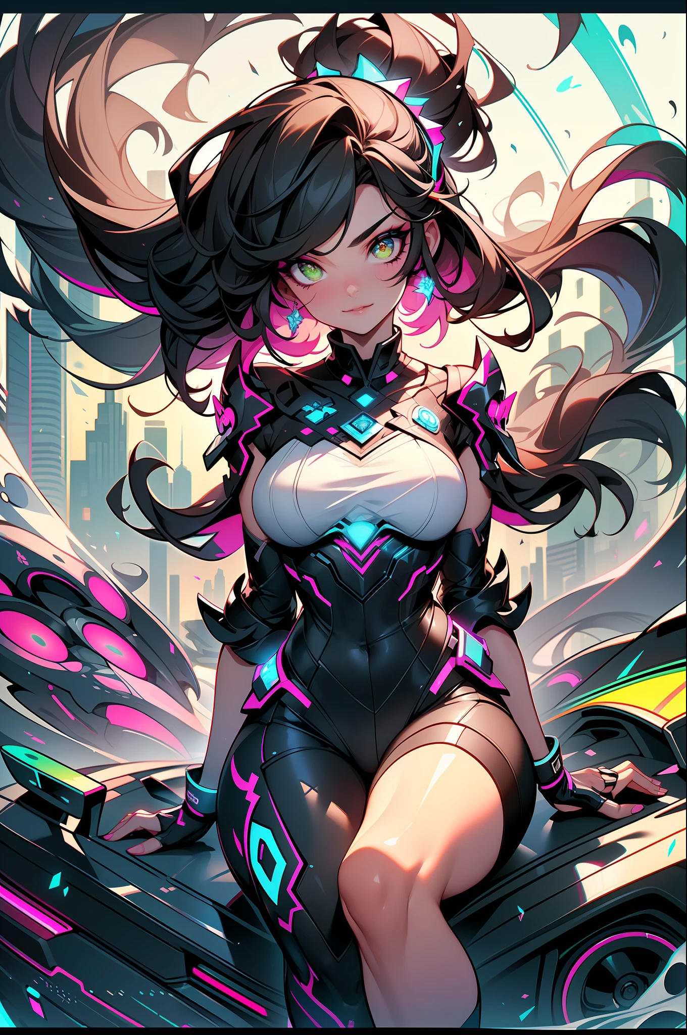 (Masterpiece:1.2), best quality, (illustration:1.2),(Masterfully crafted Glow, lens flare), (ultra-detailed), hyper details, (delicate detailed), (intricate details), synthwave, (cinematic light, best quality Backlights), clear lines, solo female, solo female, perfect body, (1girl), Sitting on car, cyberpunk, (bioluminescent hair), (glowing eyes), (Dynamic:1.2), ((makeup)), high contrast, (best illumination, an extremely delicate and beautiful), ((cinematic light)), colourful, powerful, (Cinematic masterpiece), supercar, splashes of colour, absolutely eye-catching, ((colourful paint splashes on background, dulux,)), ((caustic)), dynamic angle, beautiful detailed smoke, (Captivating),(Intricately Detailed Cinematic synthwave city:1.1), ambient occlusion, ambient light, ray-traced reflections, vaporwave colour palette