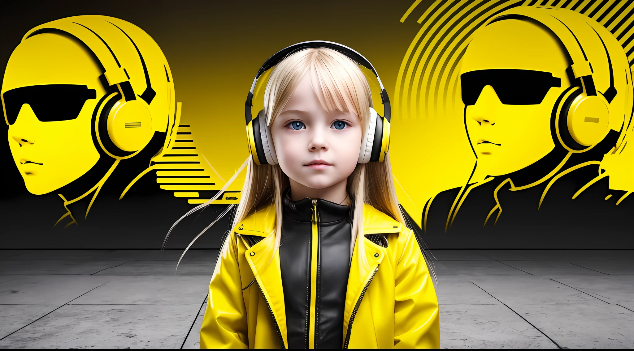 Russian child girl blonde long hair straight, put on headphone jack and change into a cyberpunk yellow coat but do not change the face, yellow background. --auto --s2