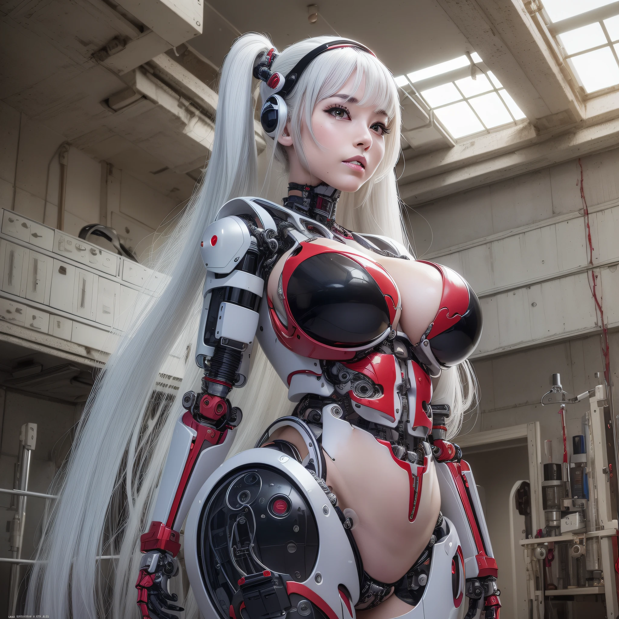 Beautiful Face,face is Japan, 1 Woman, Big, Curvaceous,(8k, RAW photo, top quality, masterpiece: 1.2)(Realistic, Photorealistic: 1.37) (Blood vessel attached to tube)((((Bikini Cyborg robot parts)))), (Light gray hair), Long hair, Wavy hair, Twin tails, Medium shot, ((Seductive smile) ), (Black Eyes), Hime Cut,From Below,(whole body),posing,,Inside the lab,( Blood vessel connected to a tube),((Mechanical vertebrae attached to the back)),((Mechanical neck attached to the neck)),(Wire and cable attached to the head and body),(Character Focus),Science Fiction,